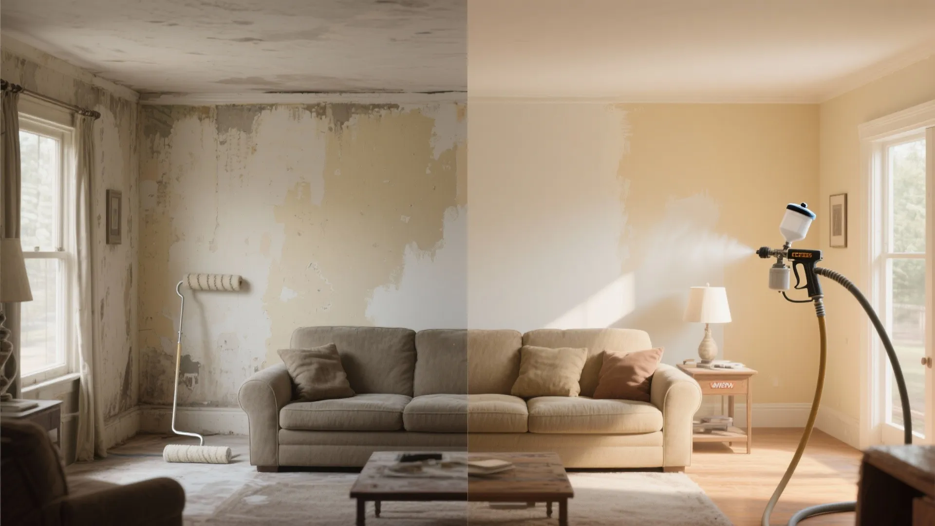 Before and after comparison of painting an old living room wall with a spray machine