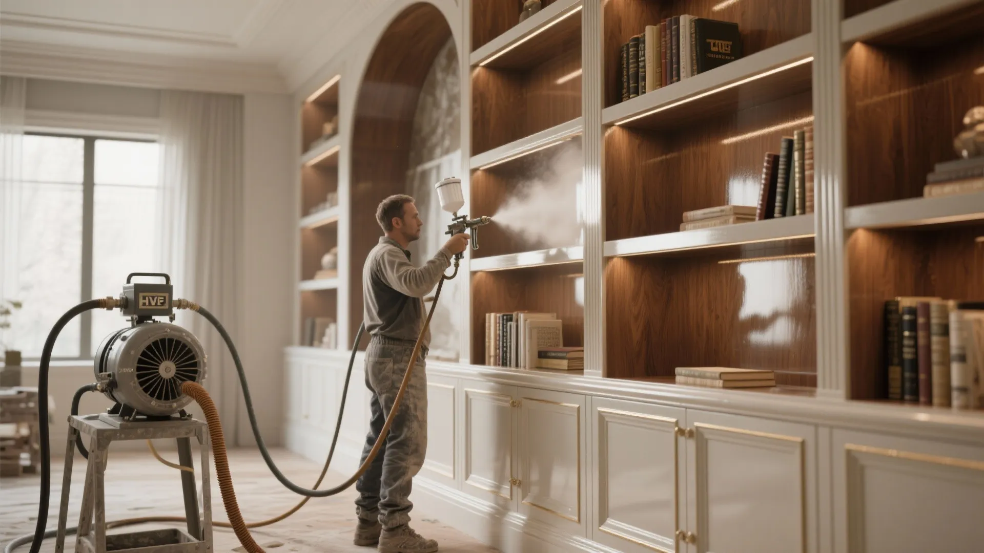 HVLP turbine system used to spray a built-in bookshelf for a near-factory lacquer finish.