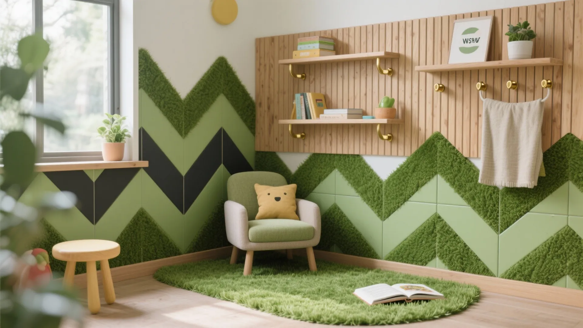 Artificial grass accent wall with graphic patterns