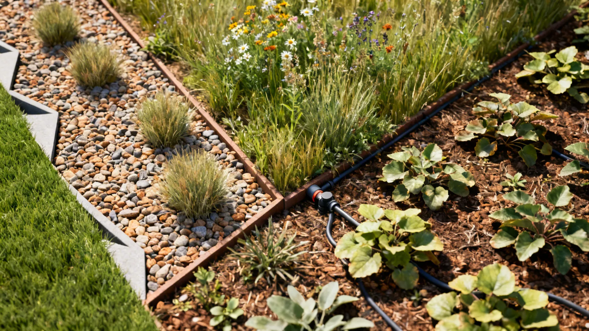 Gravel garden, native meadow strip, and drought-tolerant groundcovers as alternatives to turf.