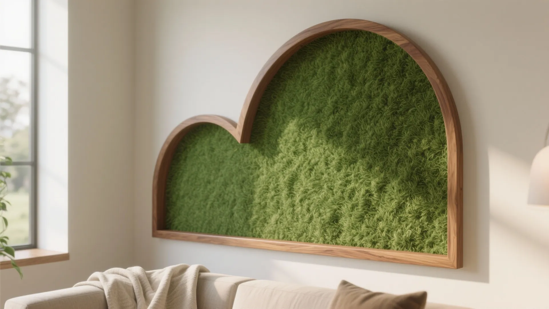 Living room wall decoration featuring a cloud shaped wooden frame filled with bright green grass