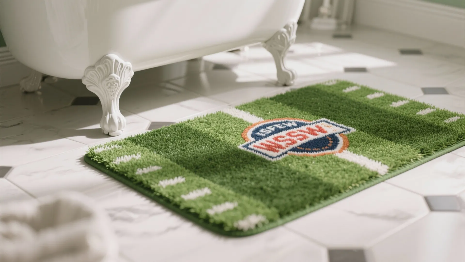 Green artificial grass bath mat with sports field markings on a white tiled bathroom floor background