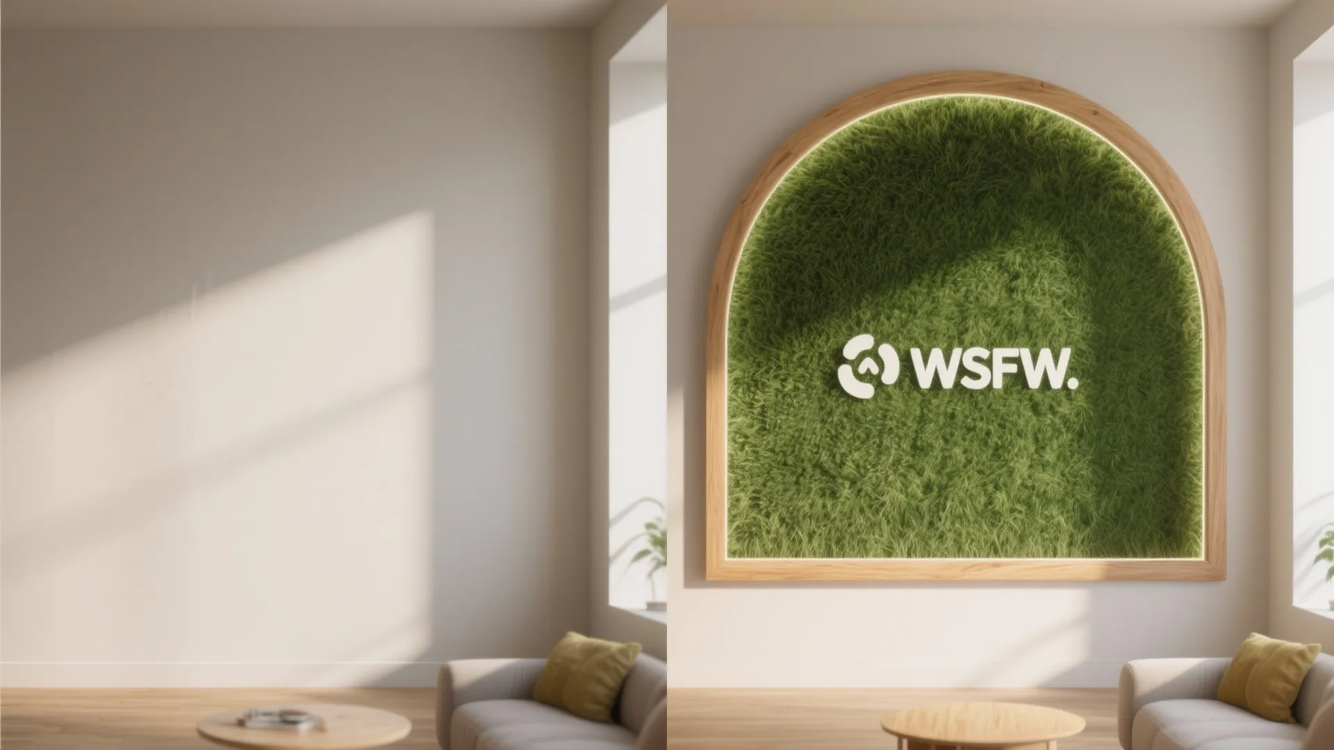Before and after comparison of an empty wall versus a green grass wall with logo