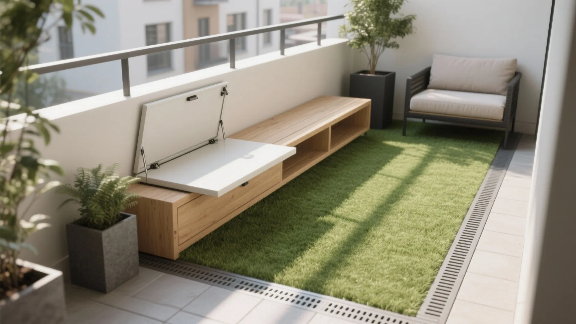 Minimalist storage bench on a turf foundation