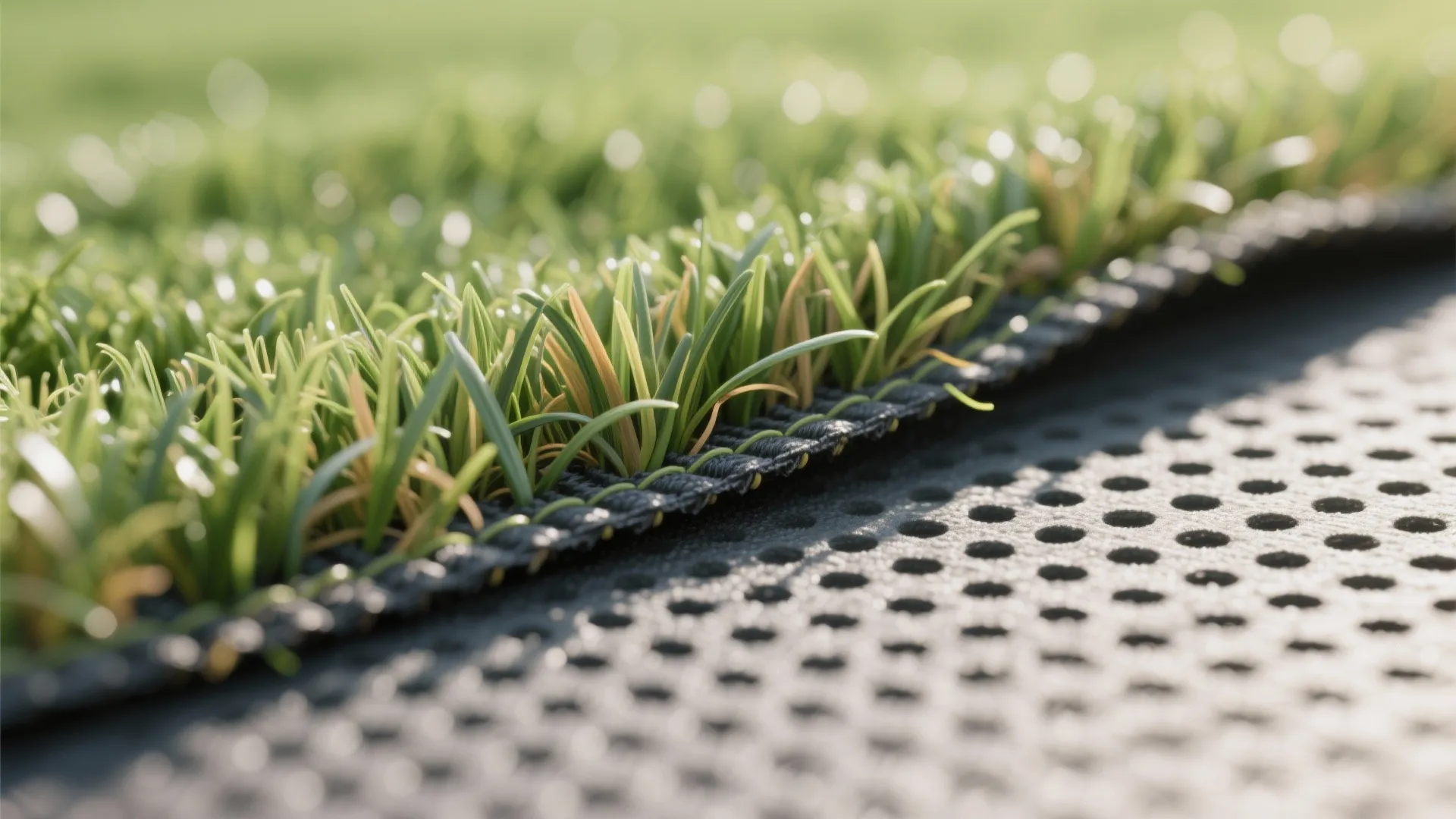 Macro view of artificial grass blades and permeable backing showing realistic texture.