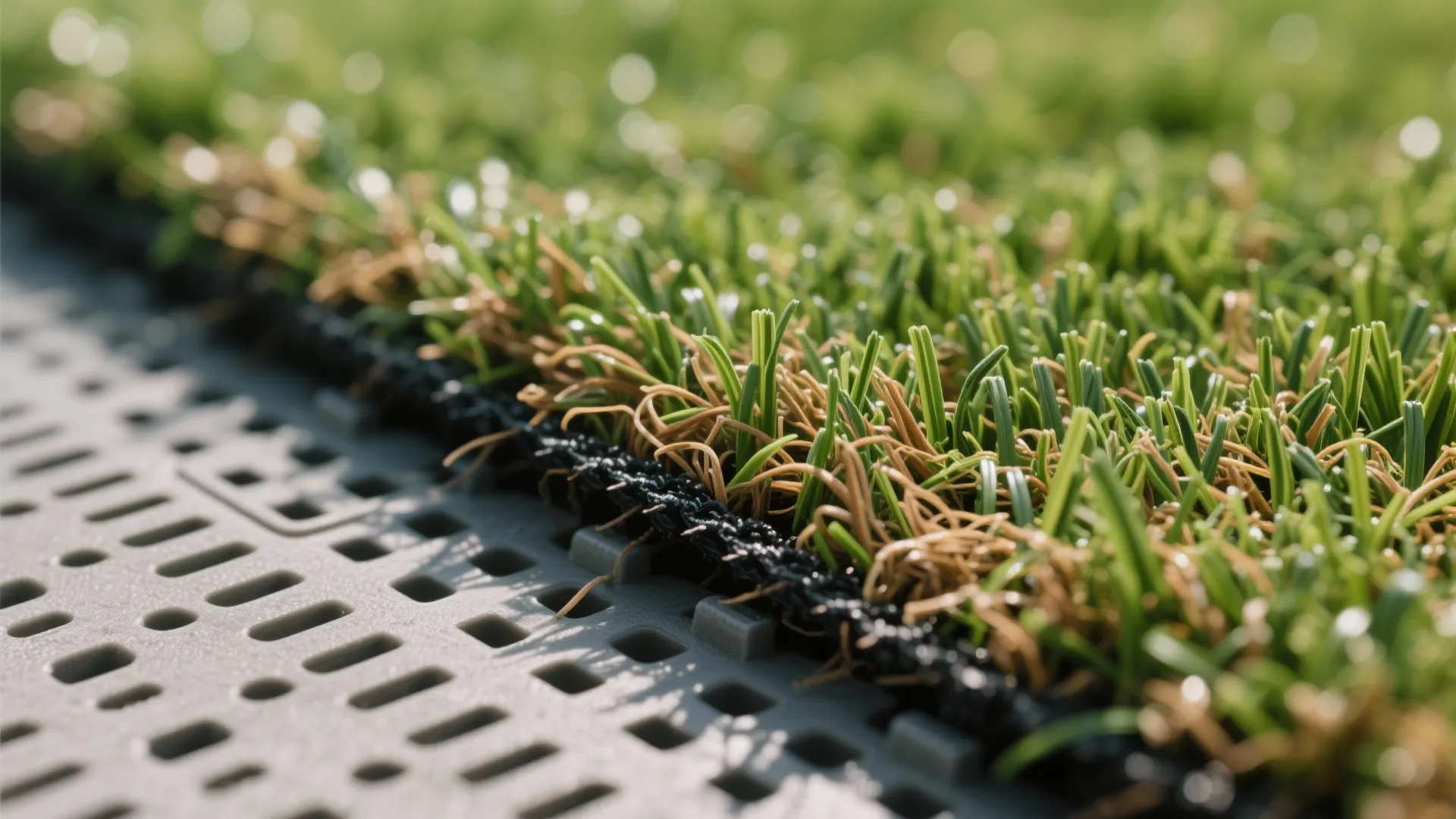 Macro of artificial turf fibers with brown thatch and drainage tile edge.