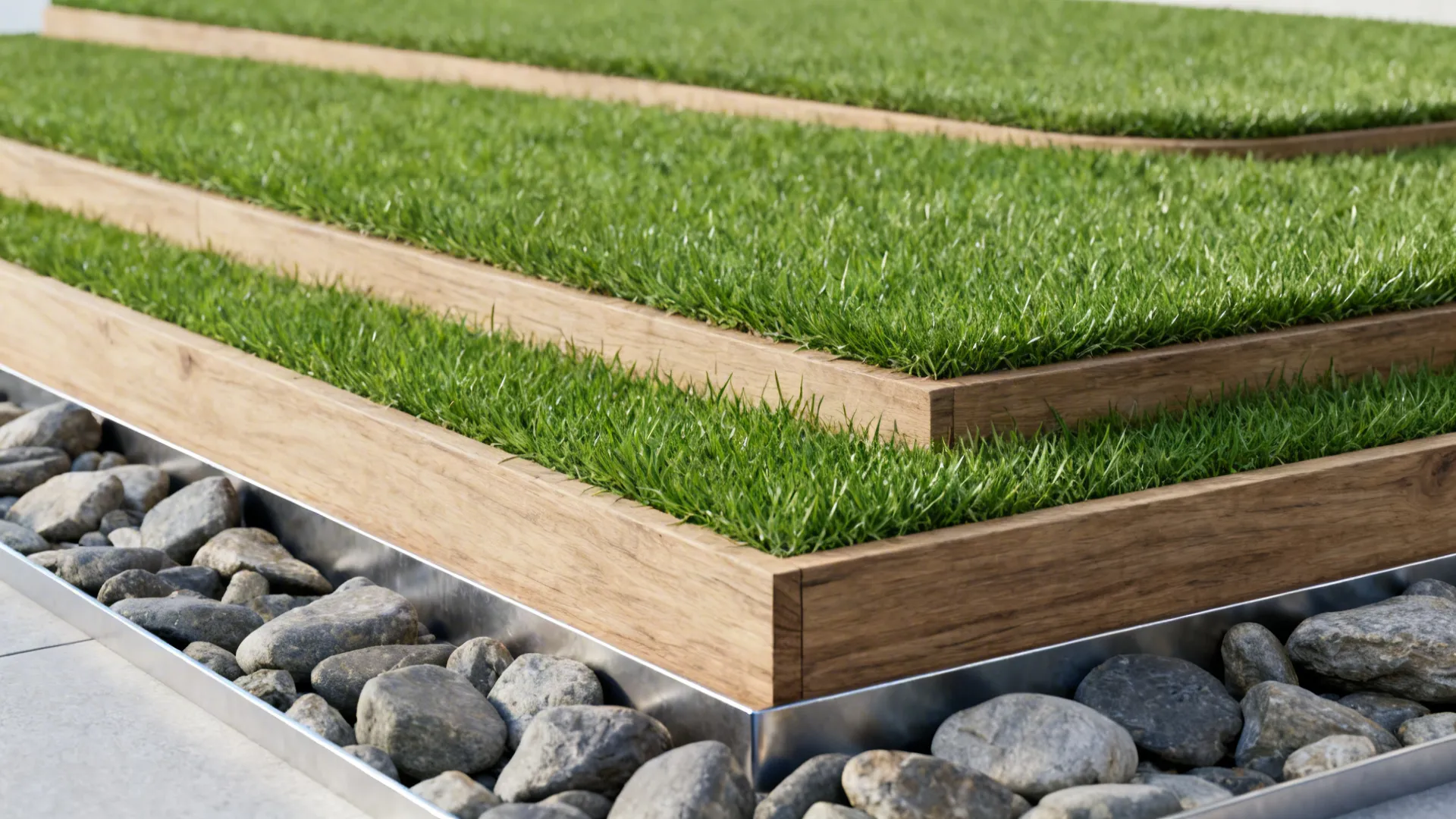 Raised artificial grass plateau with river rock edging and galvanized steel edge