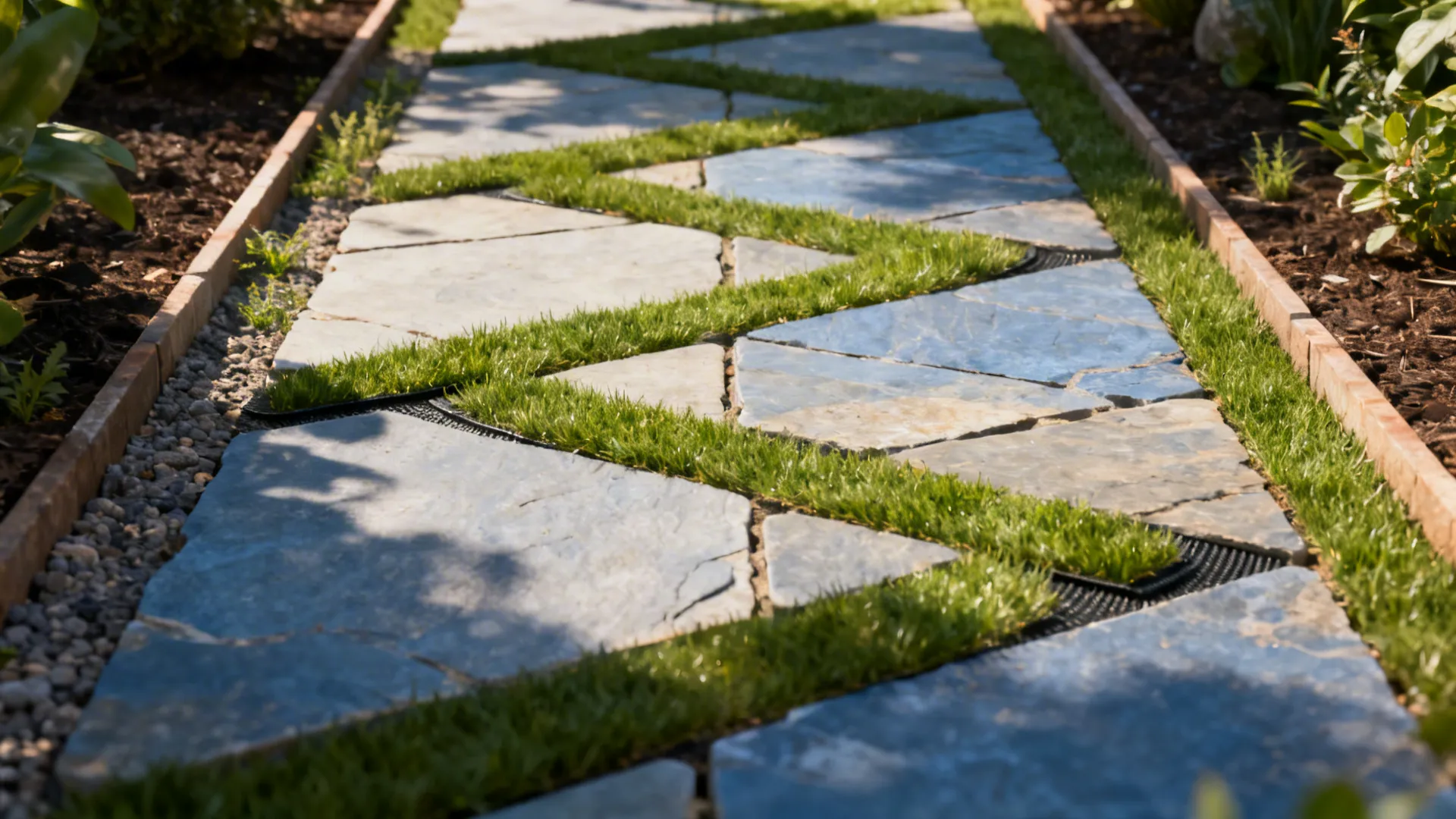 Bluestone path with artificial grass ribbons between pavers on a narrow lot