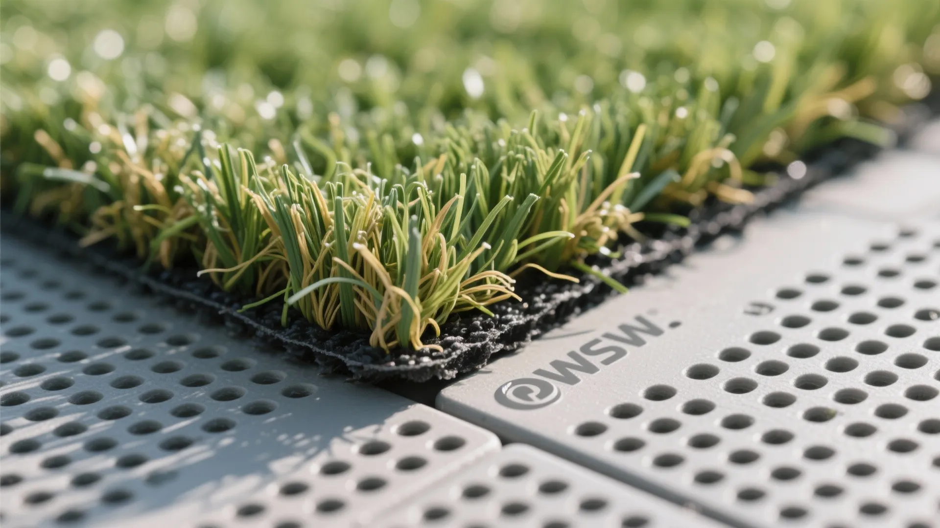 Close up view of green artificial grass tiles connected to grey plastic drainage floor plates