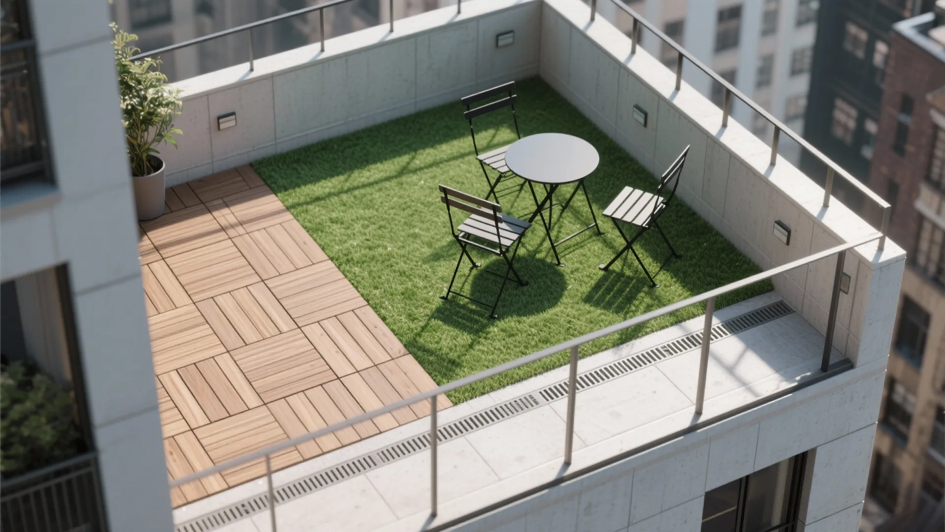 Minimalist zoning with turf and deck tiles