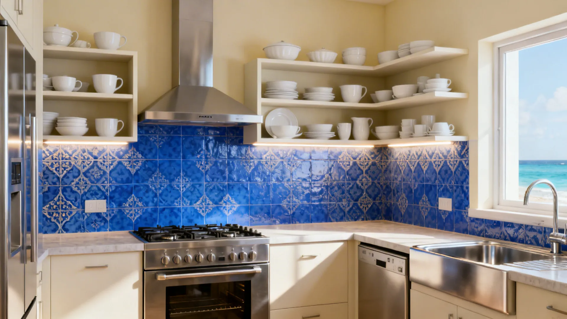 U-shaped kitchen with a Turkish blue backsplash wall and soft cream surrounding walls.