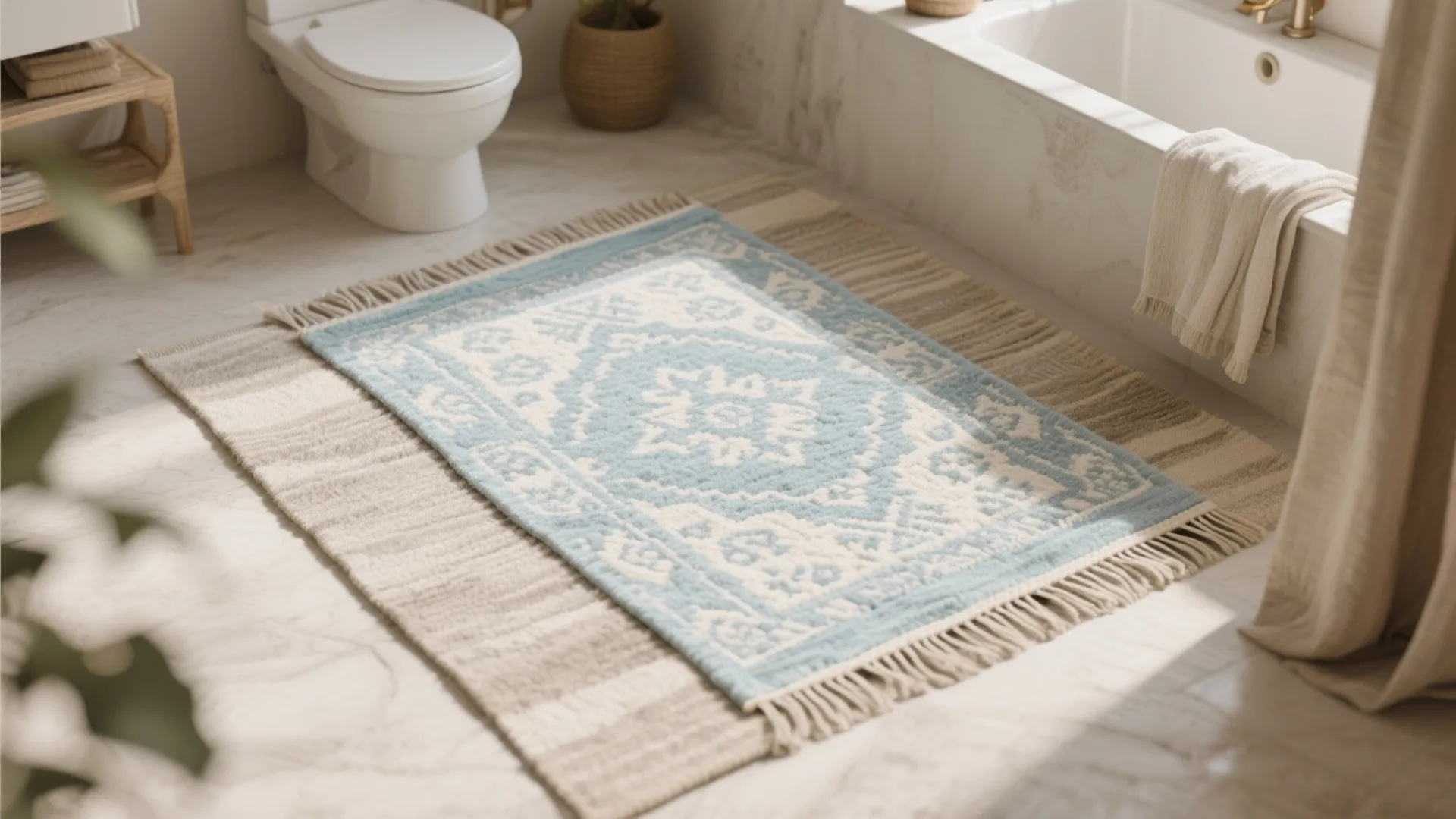 Patterned Turkish cotton rug in pale blue layered over a neutral base rug with edges taped flat