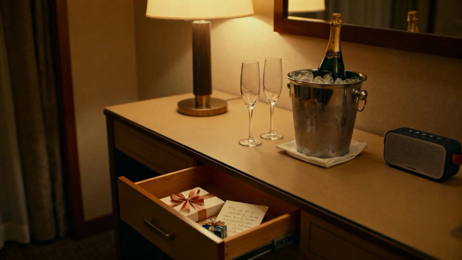 Hotel desk with champagne bottle in ice bucket next to an open drawer containing a gift