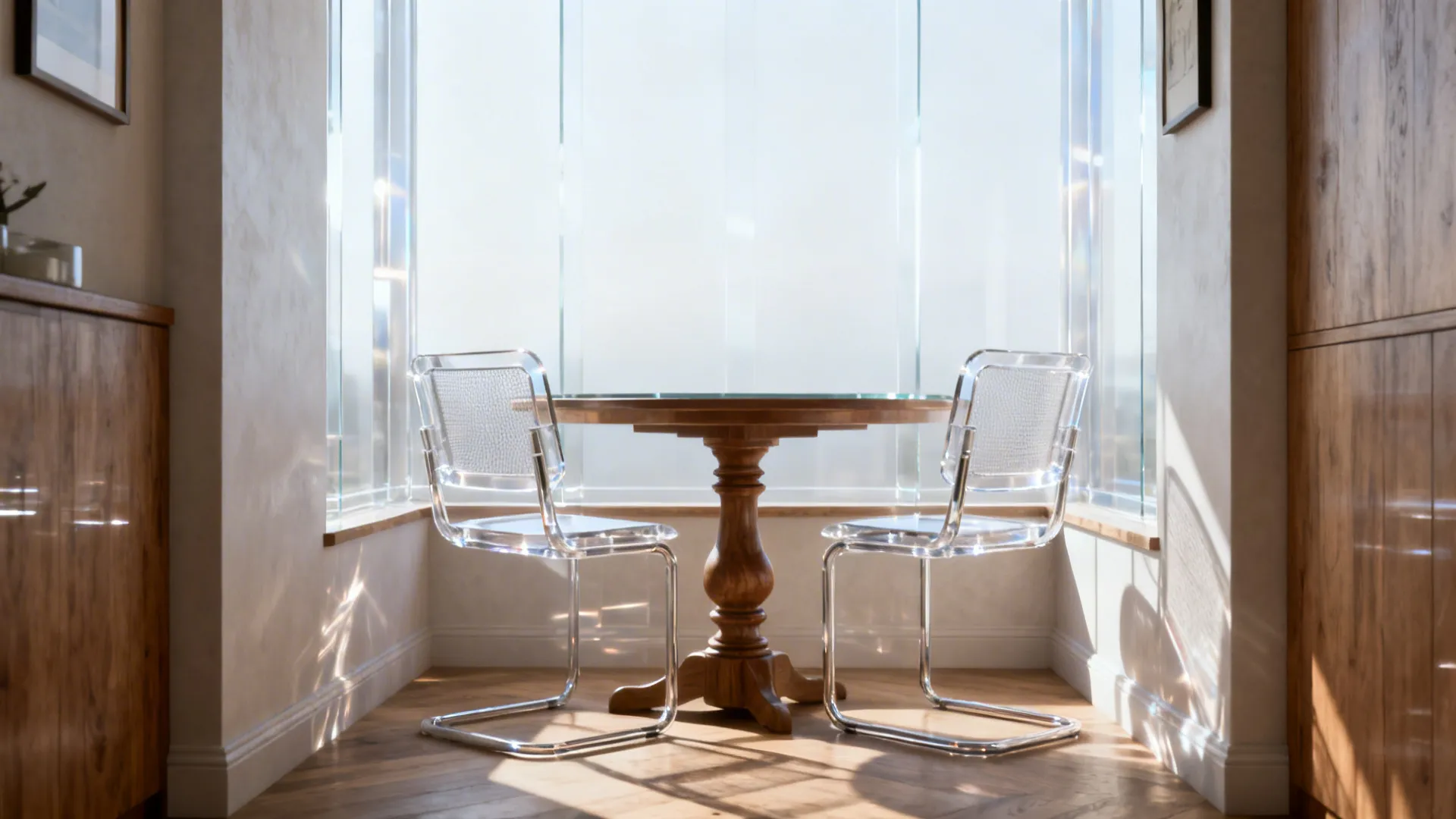 Turned-leg dining table with clear acrylic or mesh-back chairs in a bright narrow alcove.