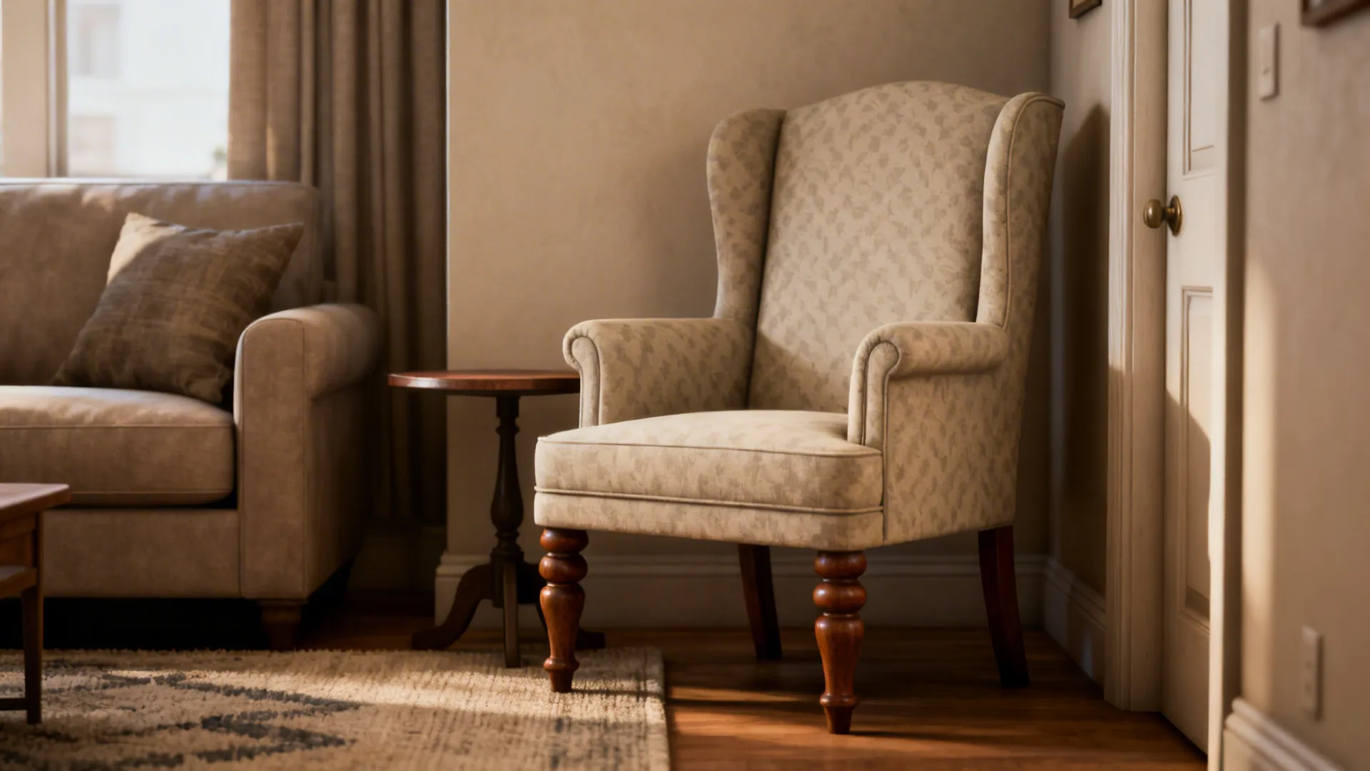 Accent chair with turned wood legs and subtle patterned upholstery in a cozy corner
