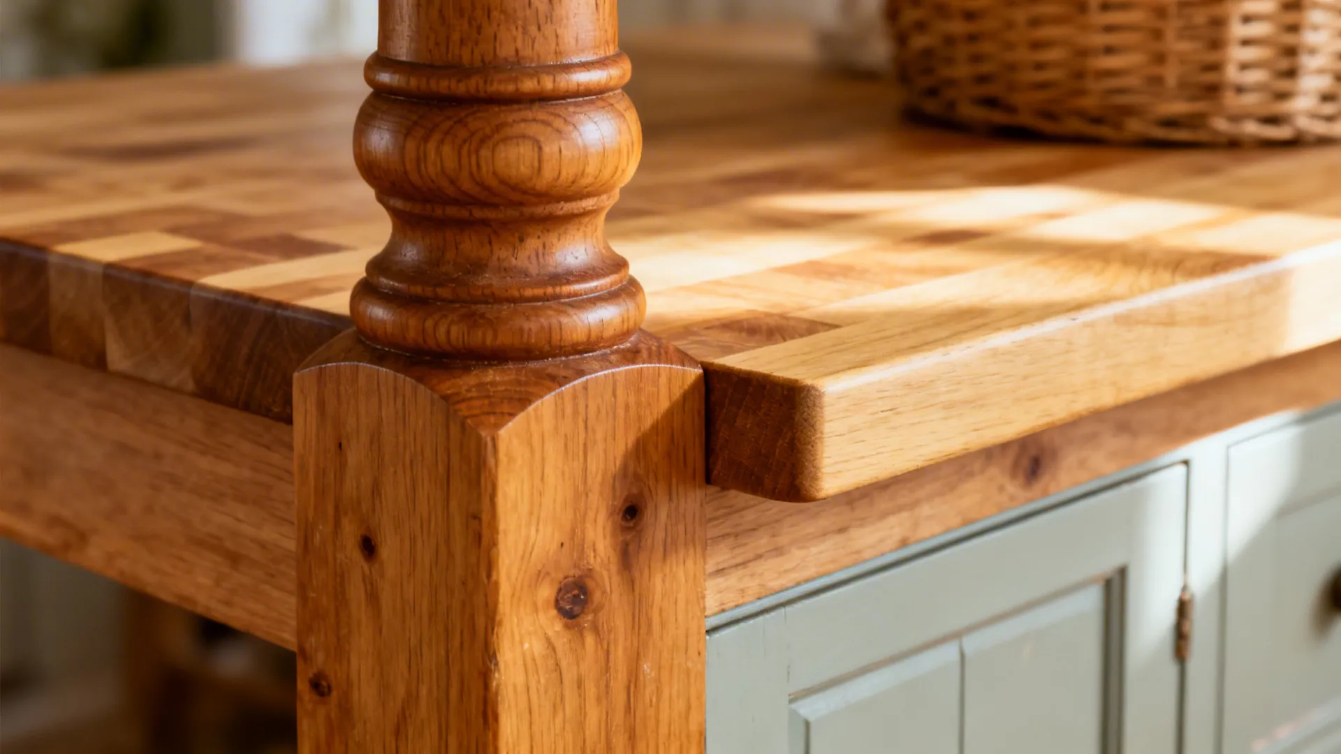 1) Farmhouse-style wood island with furniture legs