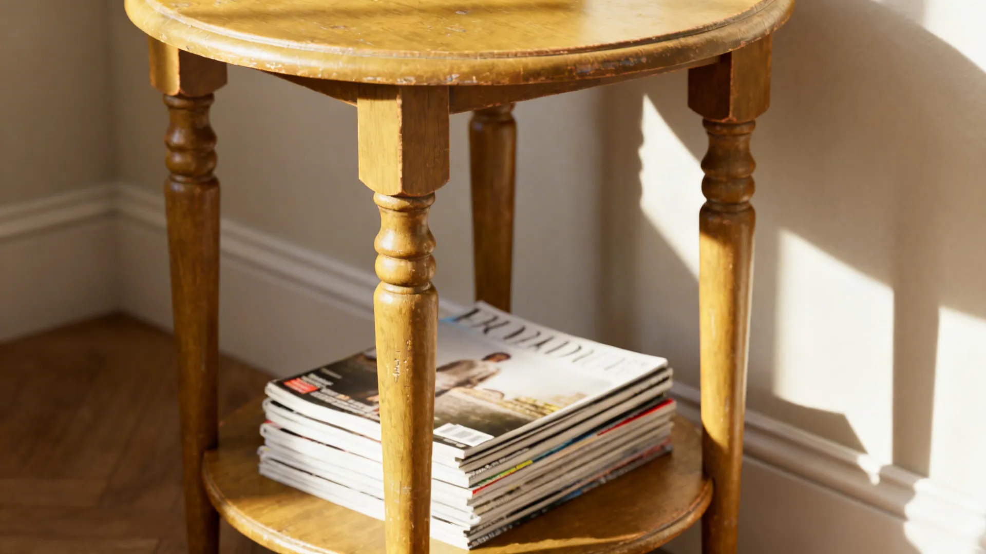 Narrow turned-leg pedestal end table with lower shelf and magazines in a cozy living space.