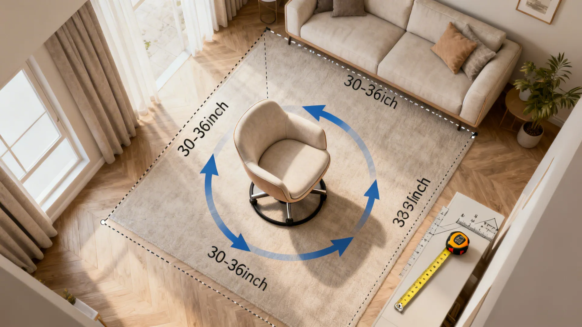 Top-down floorplan showing swivel chair turning radius and clearance recommendations