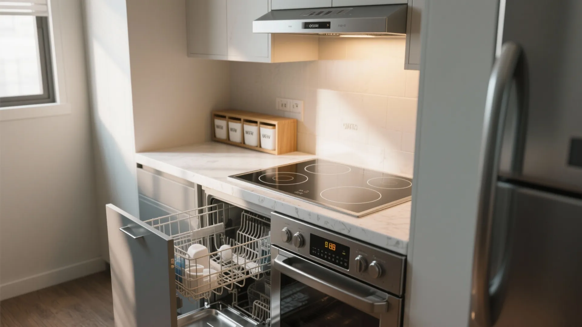 Modern kitchen with open dishwasher, electric stove, oven, and vent hood under warm cabinet lighting