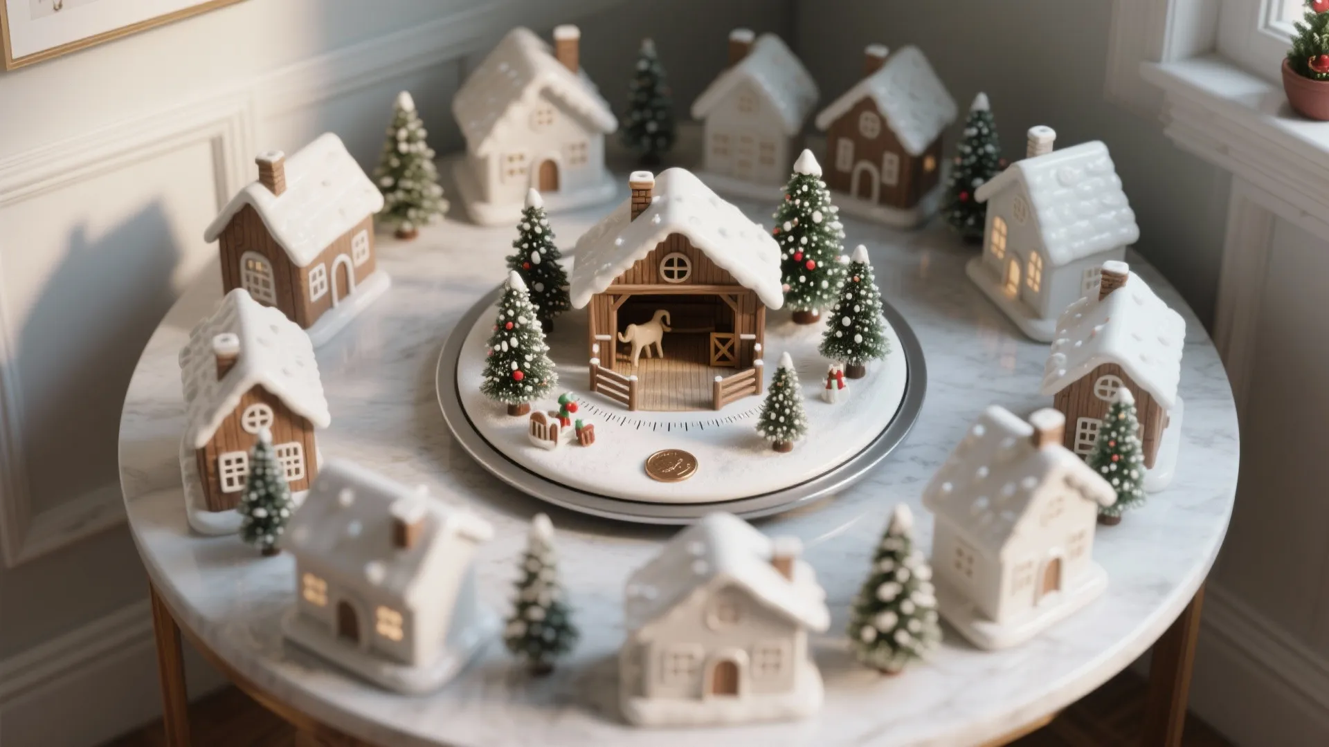 A circle of small white toy houses and tiny green trees on a round table