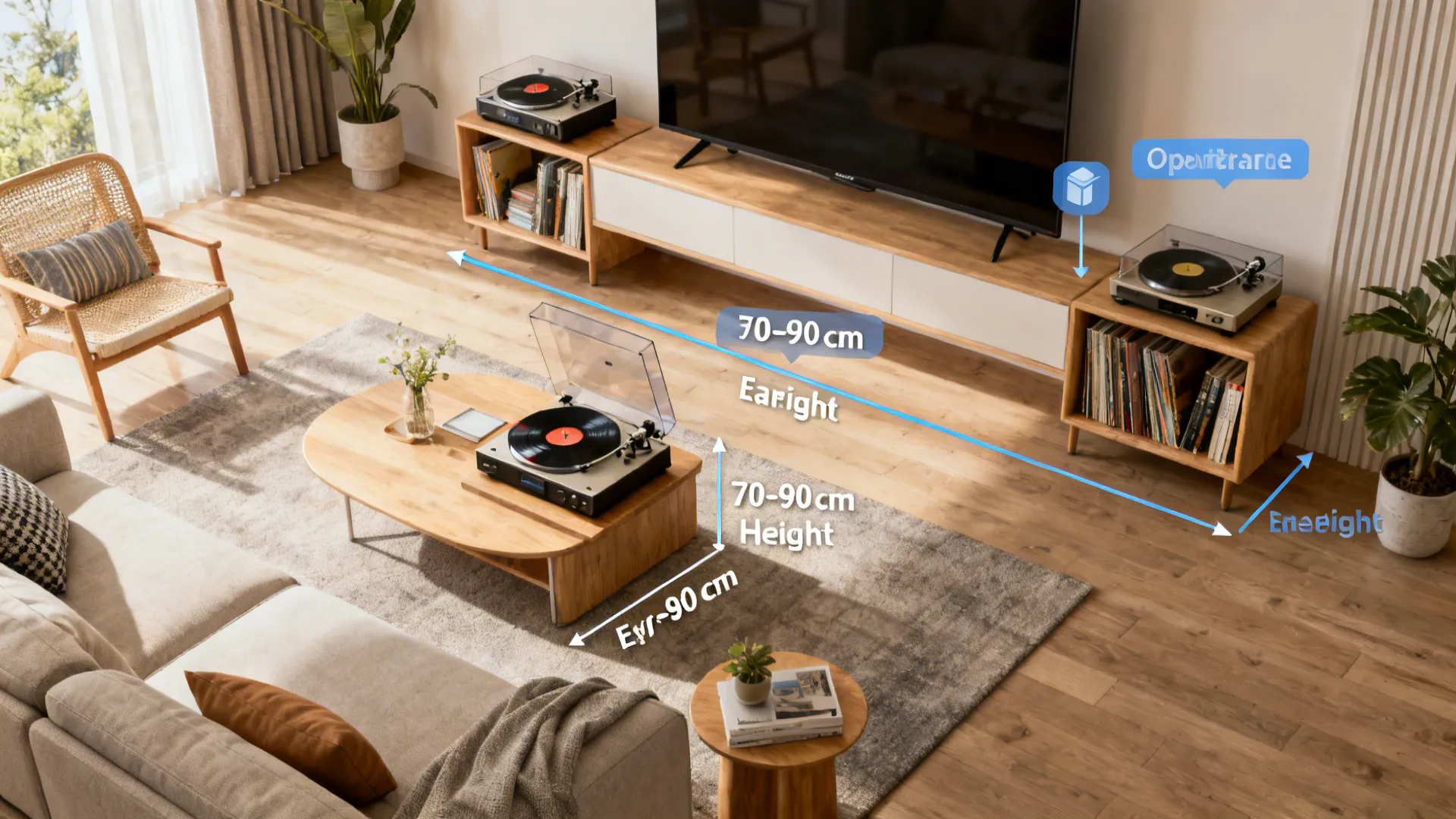 Diagrammatic interior showing recommended turntable heights and placement with measurements