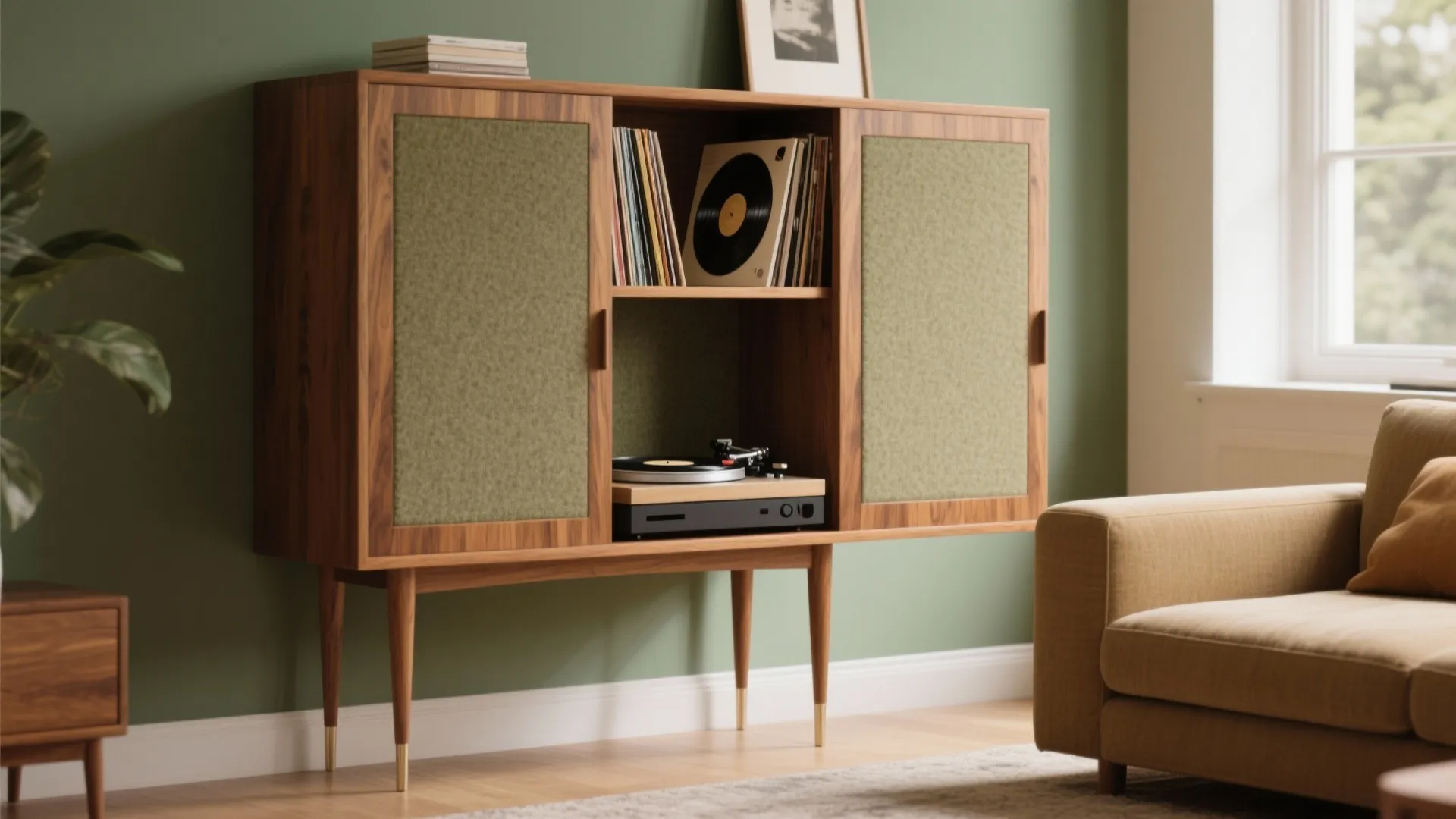 Wooden cabinet with green panels holding a record player and vinyl records in green living room