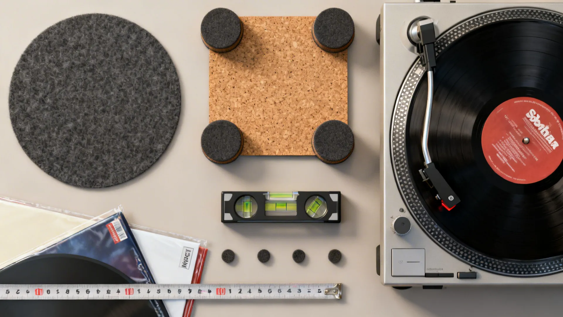 Top-down flatlay of isolation materials and tools for turntable setup, including mats and sorbothane feet