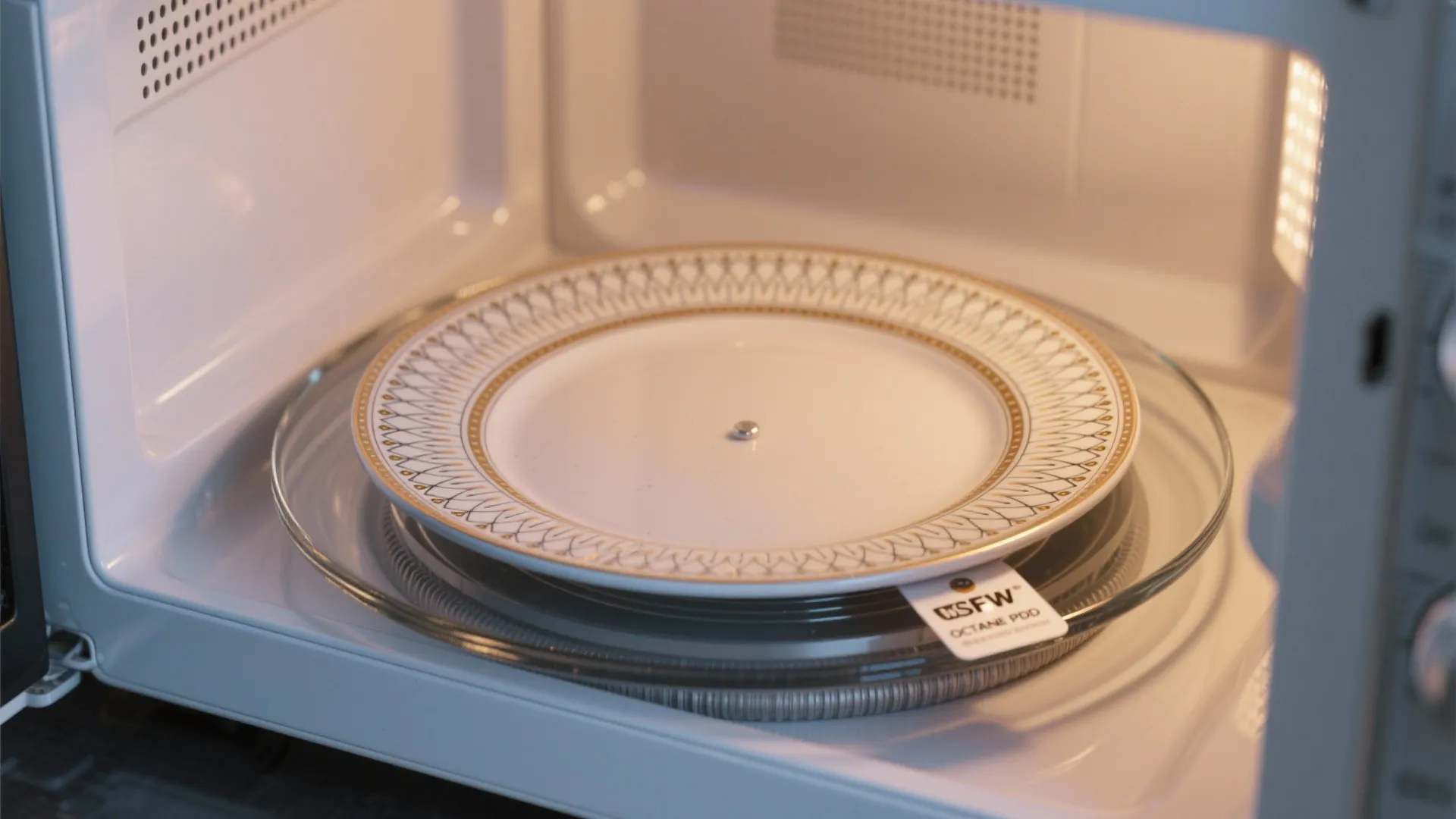 A white plate with gold patterns sits on a glass turntable inside a white microwave