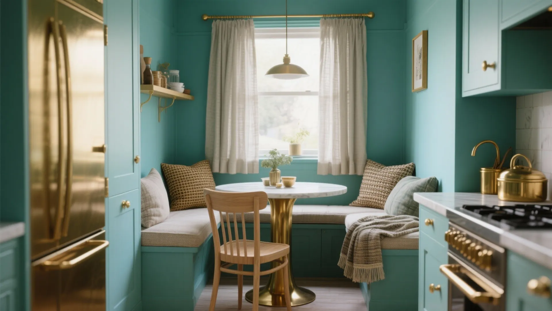 Turquoise kitchen breakfast nook with gold light fixture and round table plus matching upholstered benches
