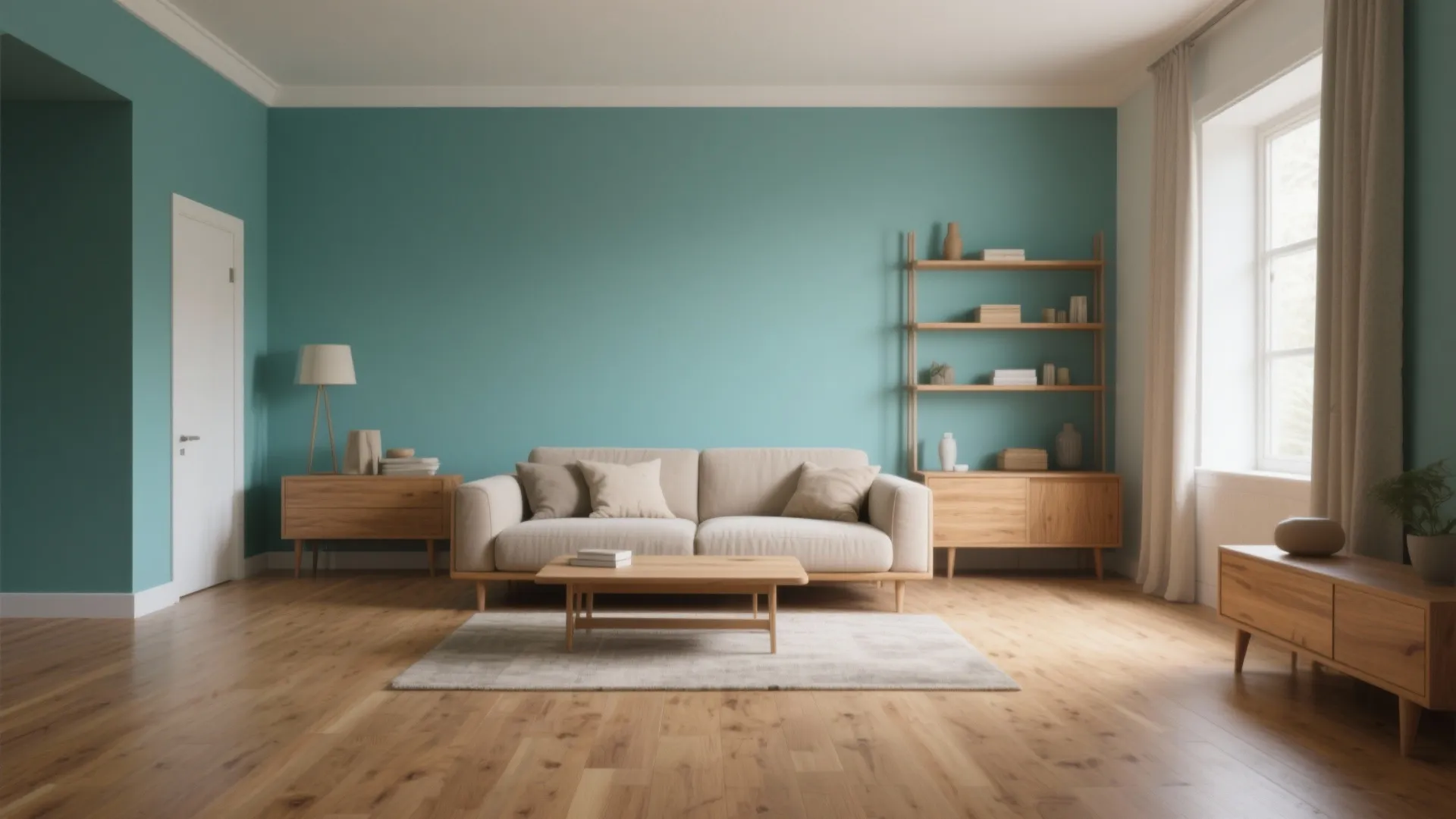 Modern living room with turquoise wall beige sofa wooden coffee table rug and wooden cabinets