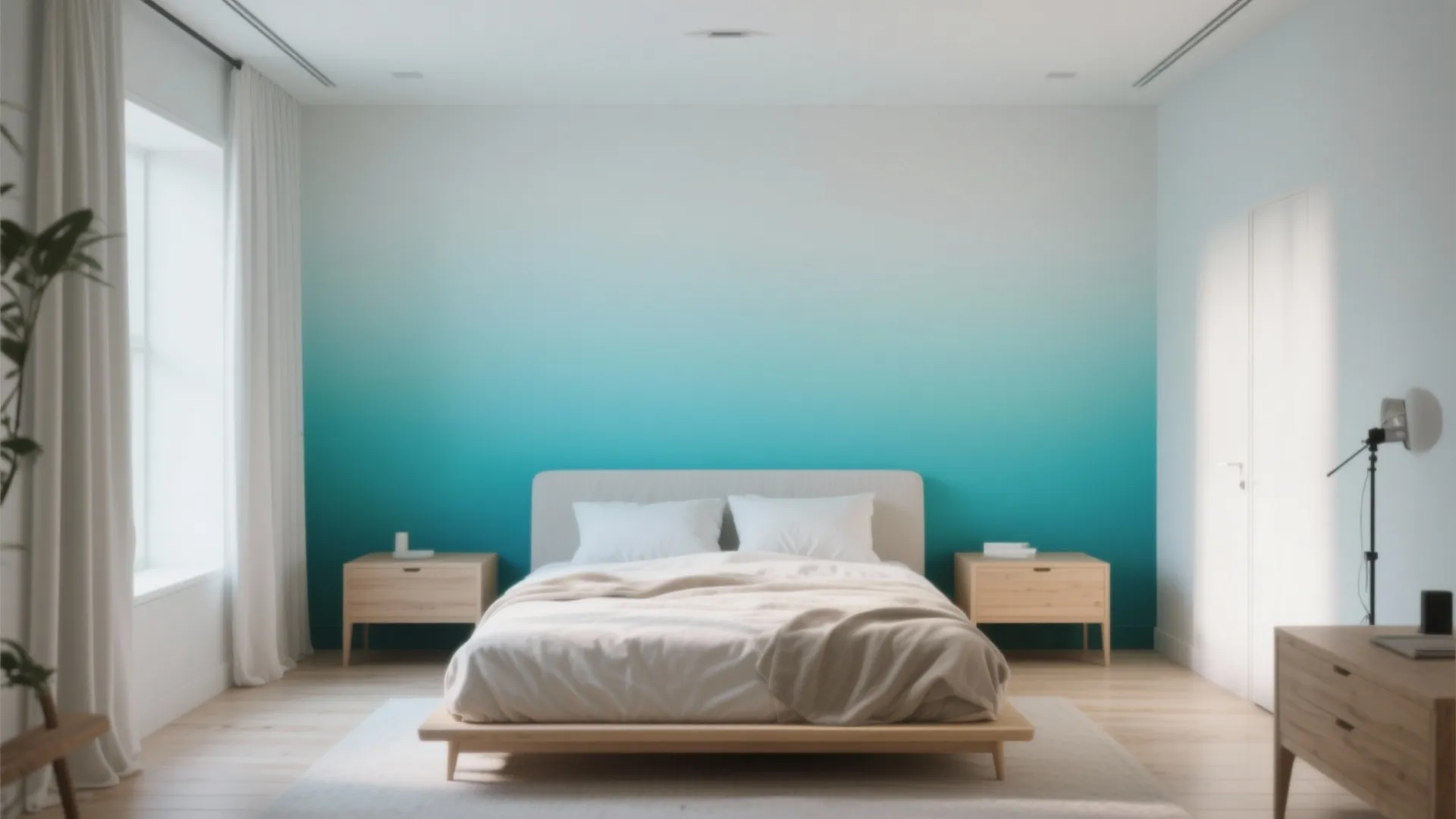 Modern bedroom featuring a turquoise ombre wall with white bed and two wooden bedside tables