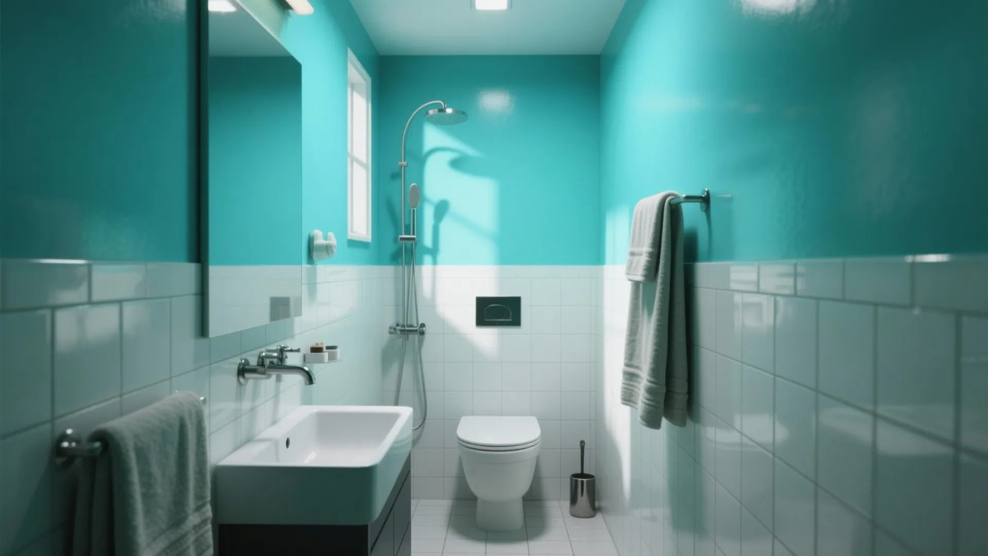 Modern turquoise and white bathroom featuring a small sink mirror toilet shower and hanging towels