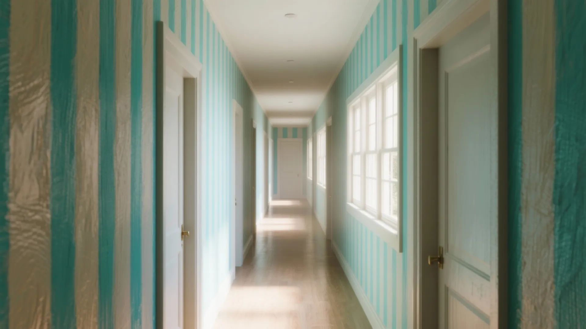 Long hallway featuring turquoise and white striped wallpaper with multiple white doors and bright windows