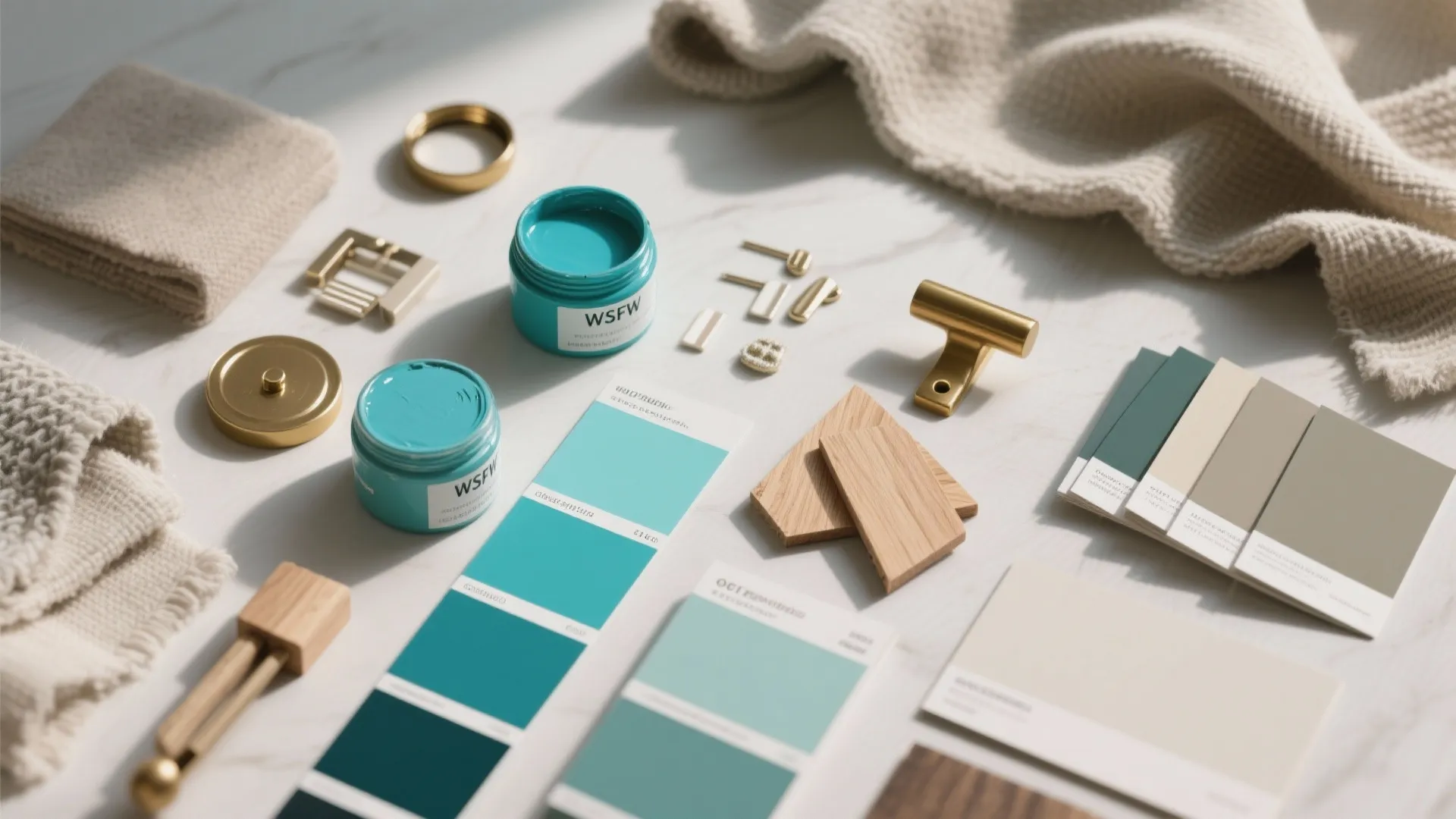 Interior design mood board with turquoise paint cans and color swatches plus gold hardware pieces