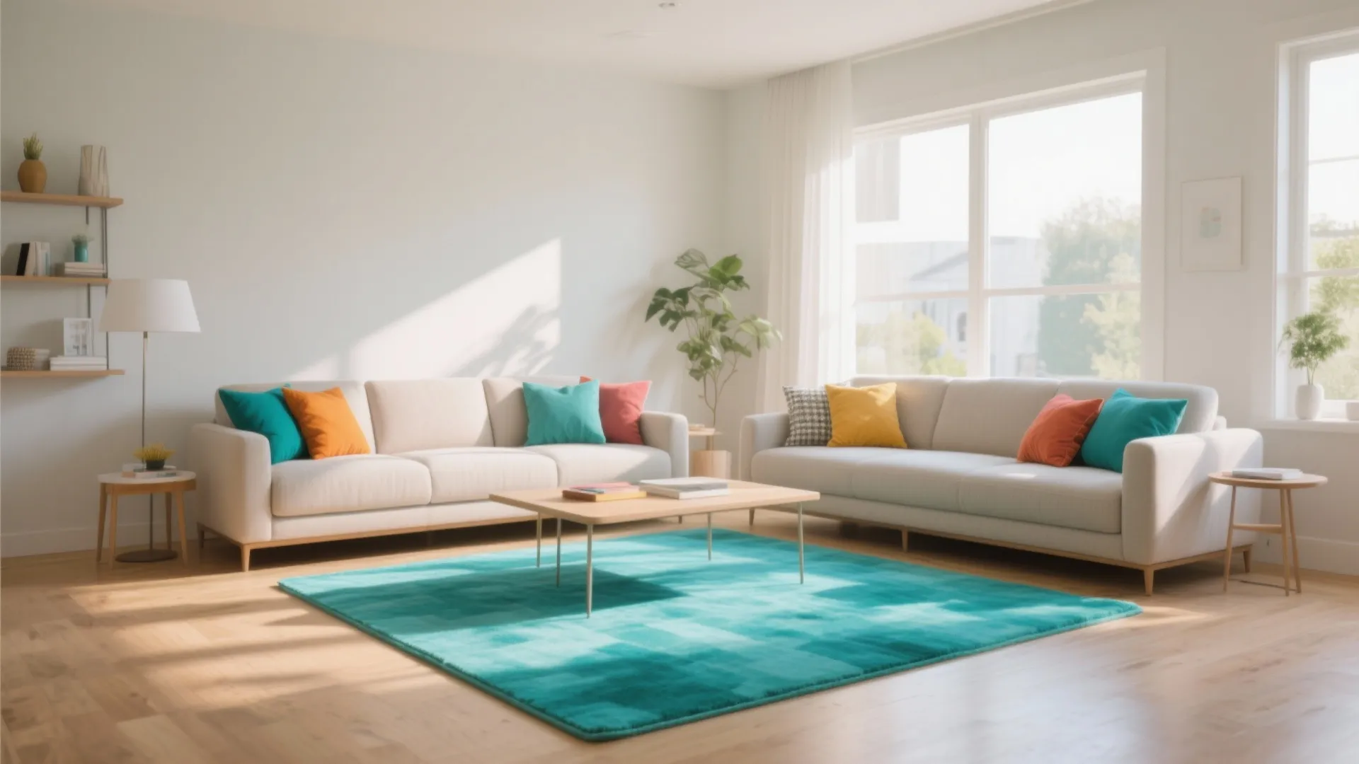 Modern living room with a bright turquoise rug, white sofas, colorful pillows, and wood flooring