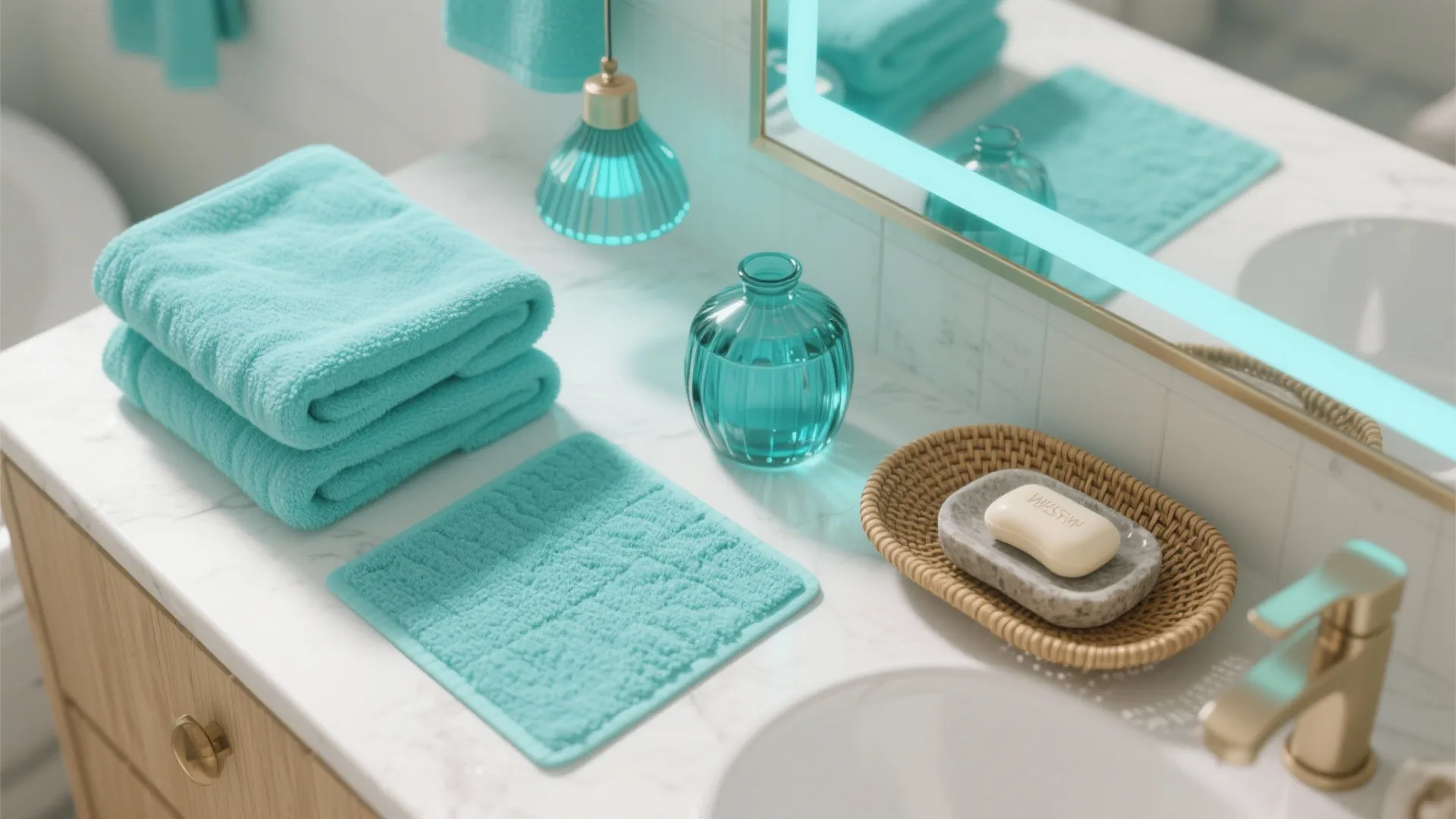 Turquoise Accessories, Textiles, and Layered Lighting