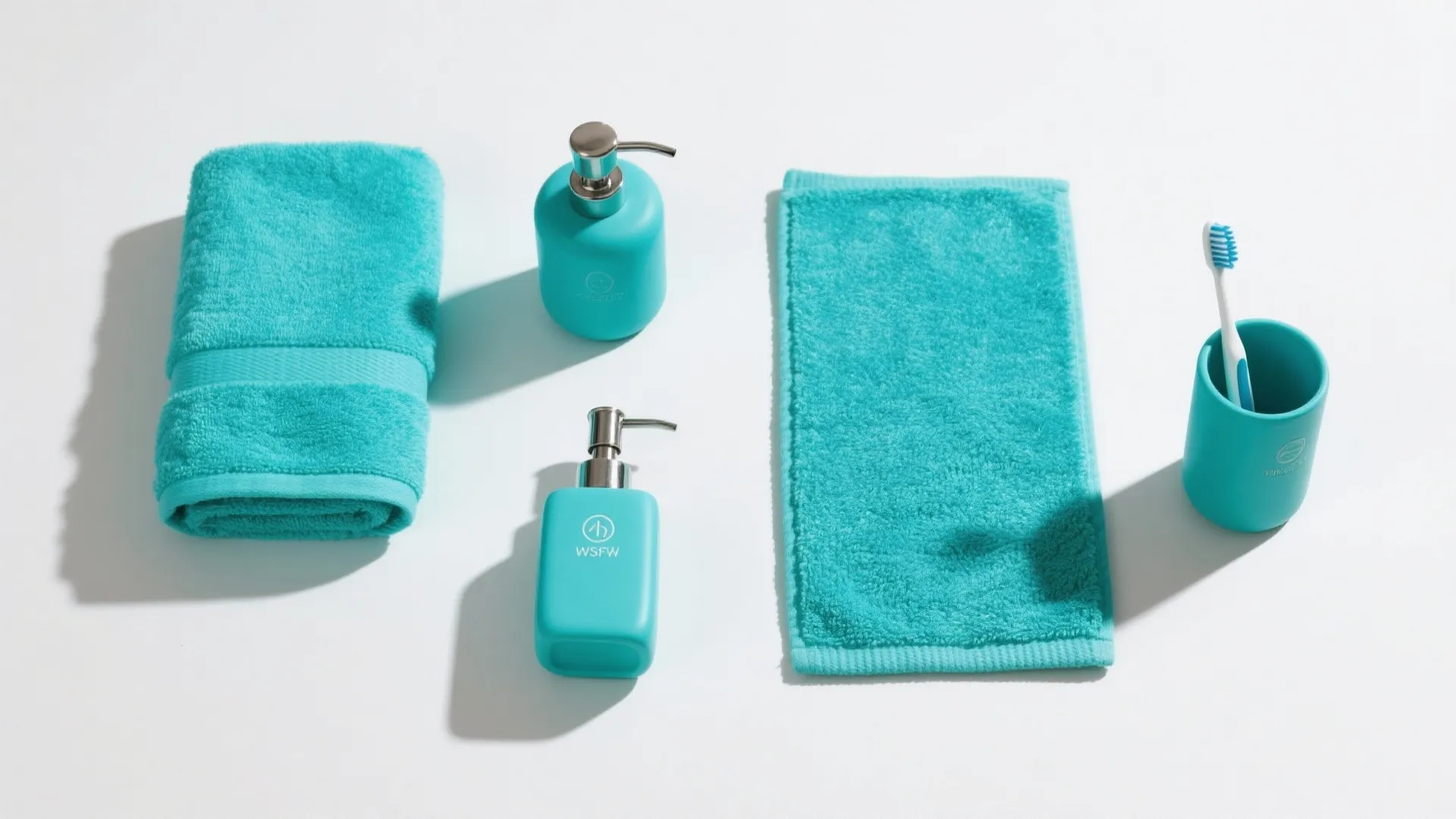 Set of turquoise bathroom accessories including soap dispensers towels and a toothbrush holder on white