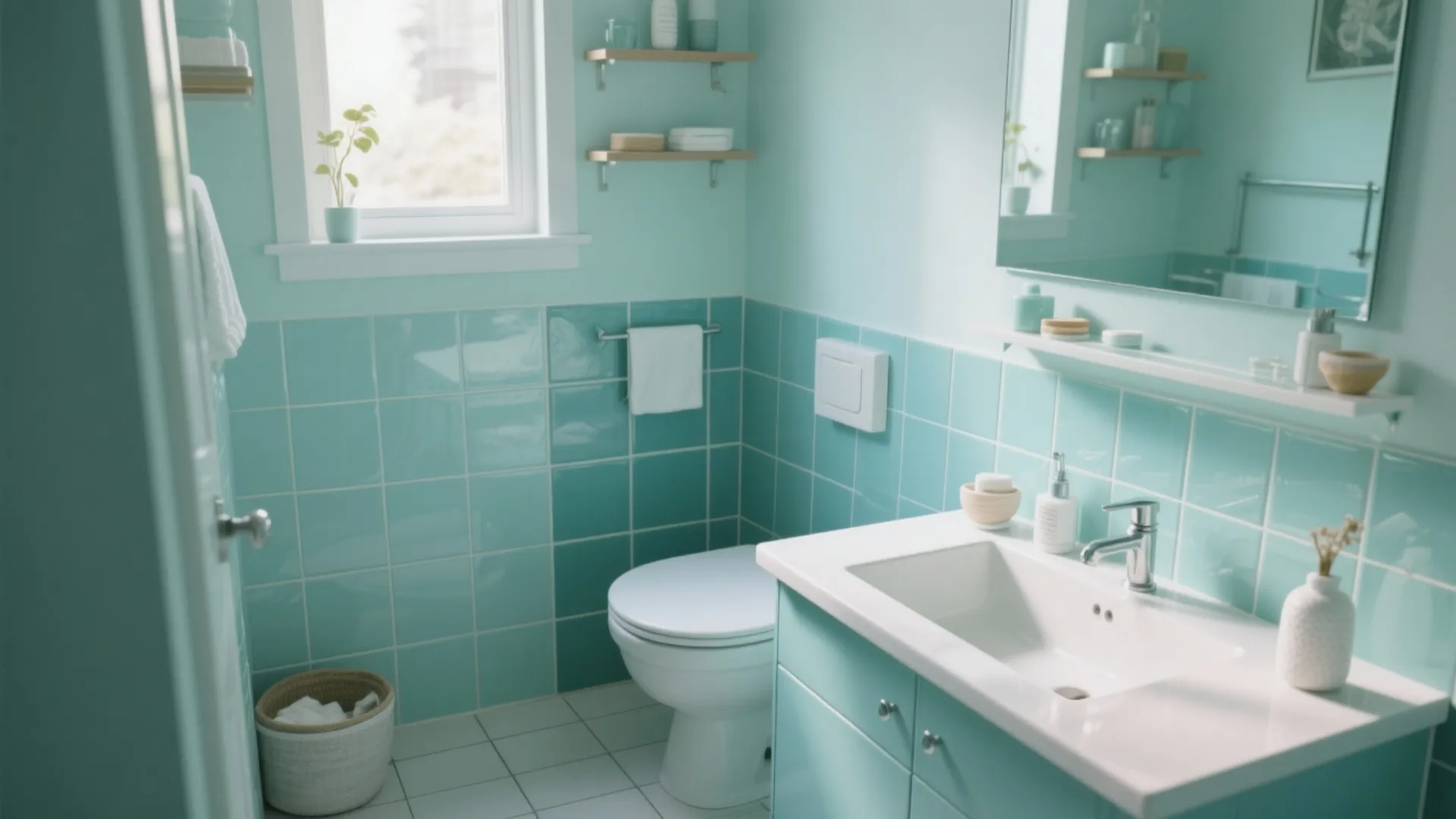 Modern turquoise bathroom featuring a white sink cabinet toilet square wall tiles and natural light