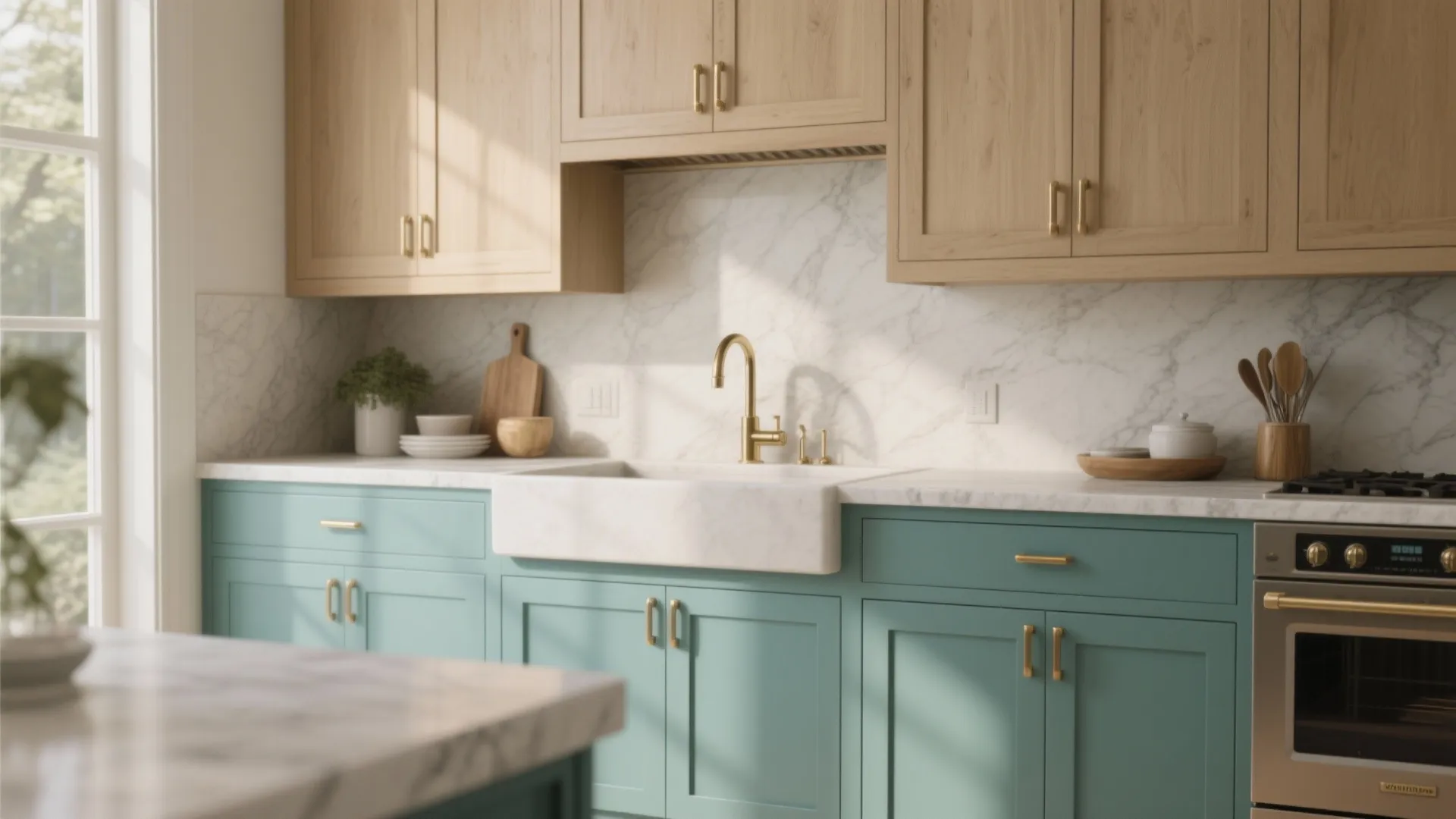 5. Muted turquoise cabinets for a playful kitchen