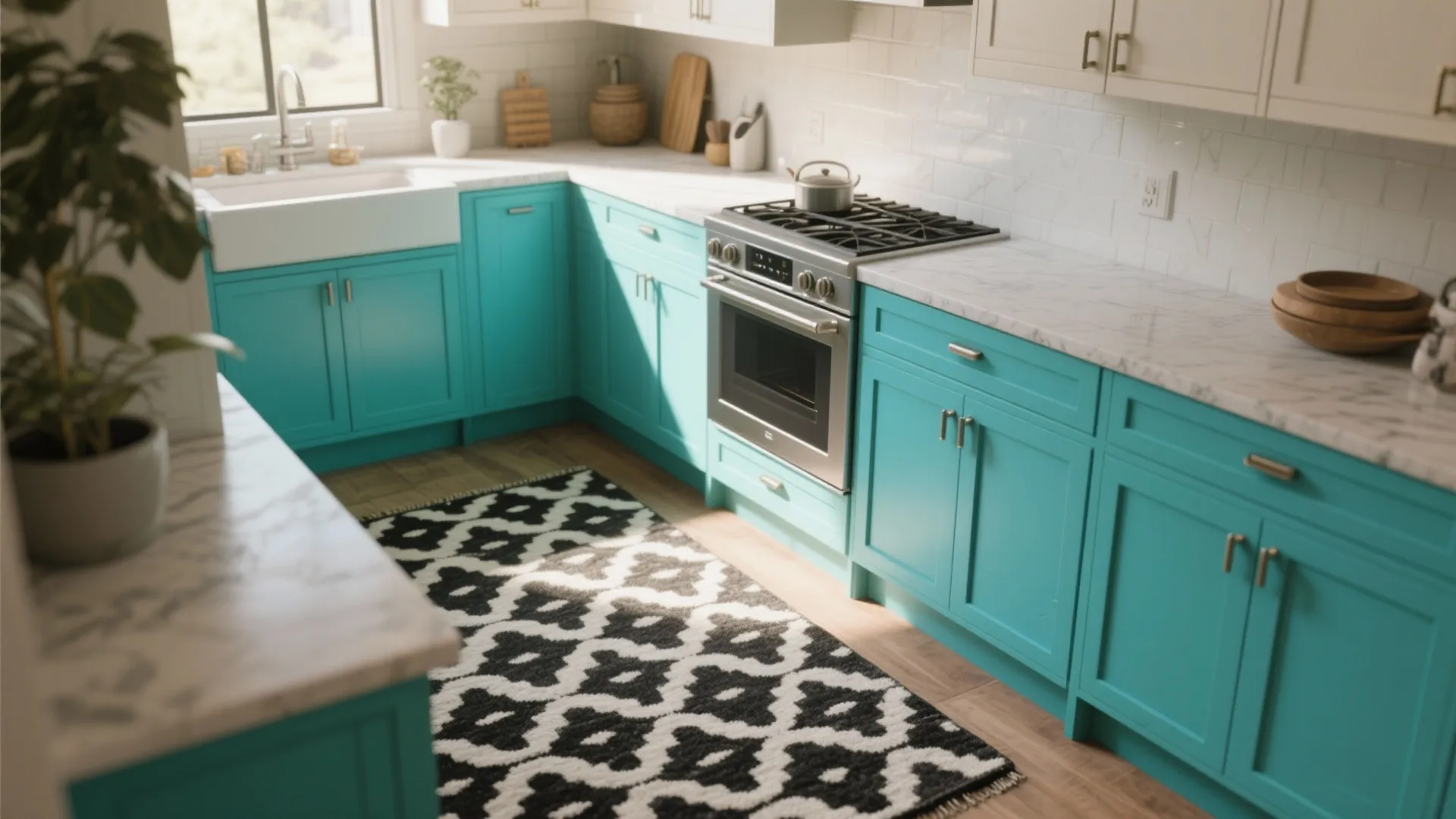 5. Use monochrome to calm colorful cabinetry