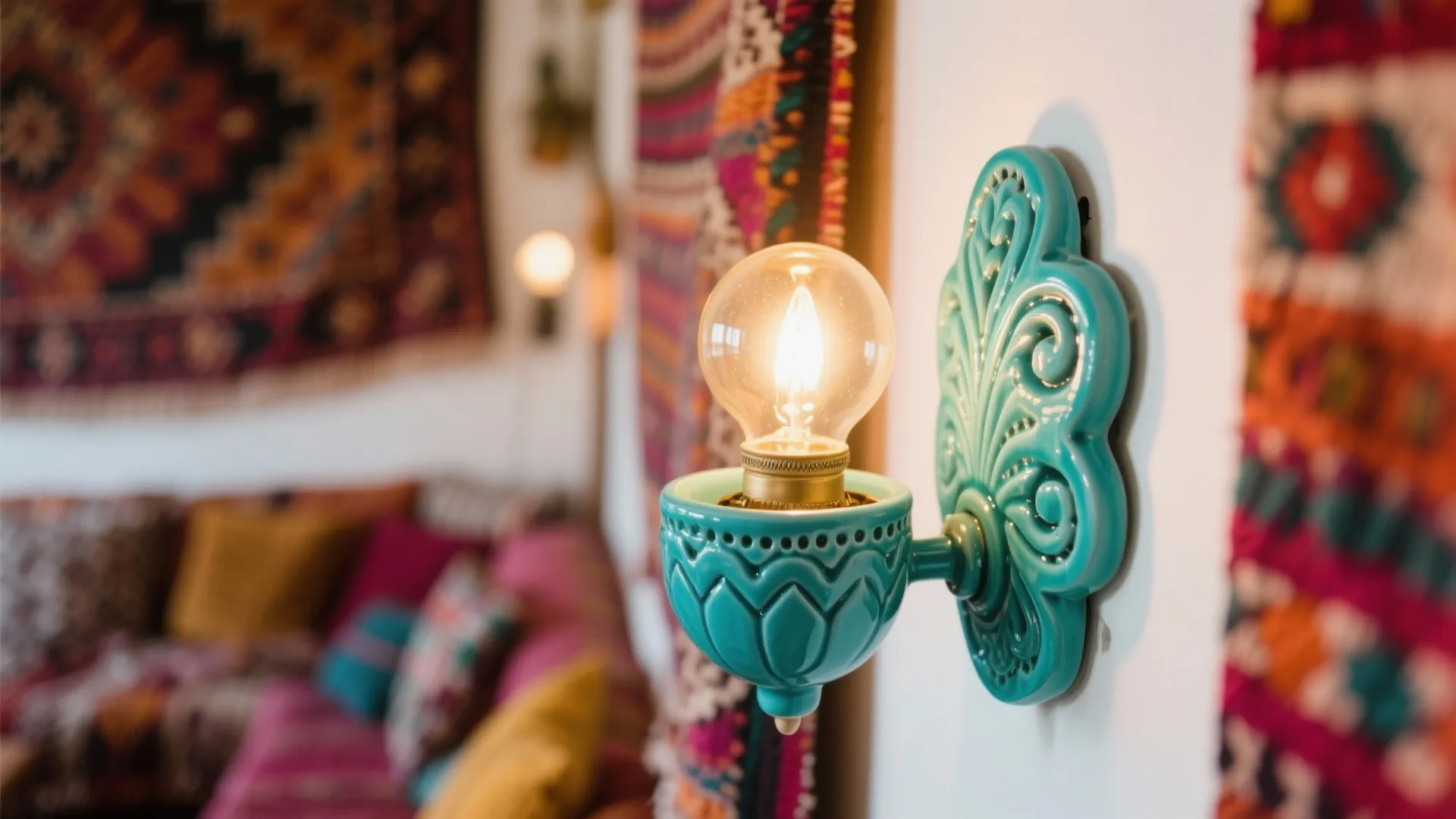 Colorful room featuring a turquoise ceramic wall light with light bulb and bright patterned rugs