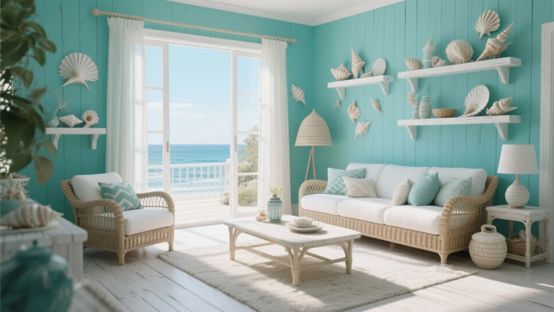 Coastal-style living room with turquoise walls and ocean view