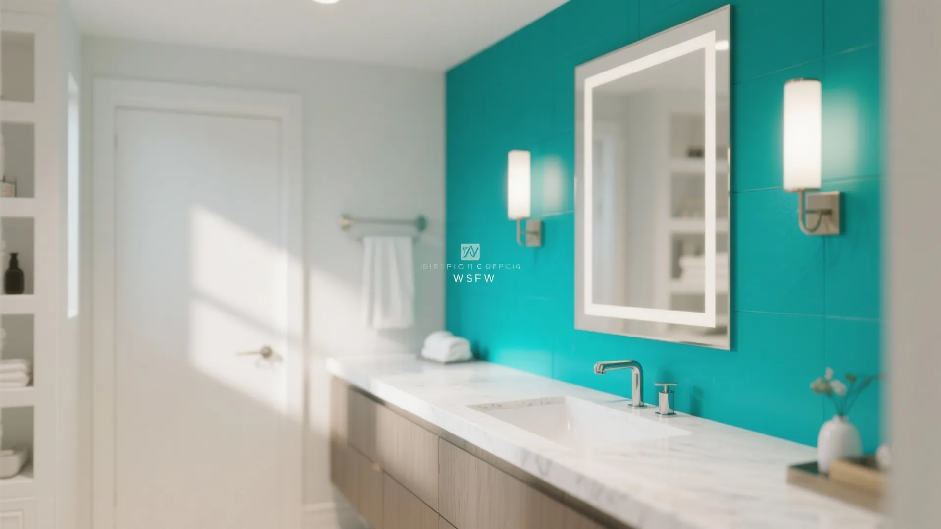 Bathroom vanity with turquoise wall light fixture mirror white marble countertop and brown wooden cabinet