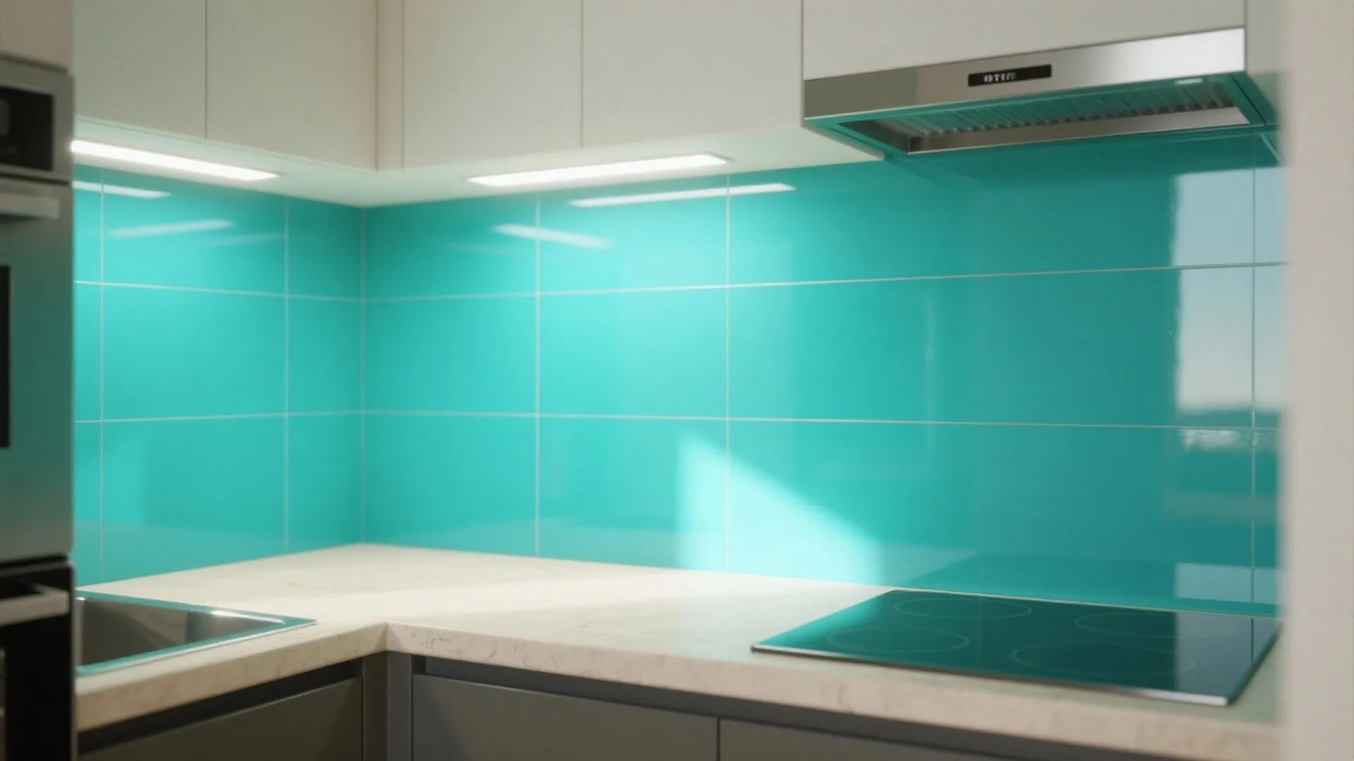 Modern kitchen with turquoise glass tile wall white cabinets grey counter and built in stove top