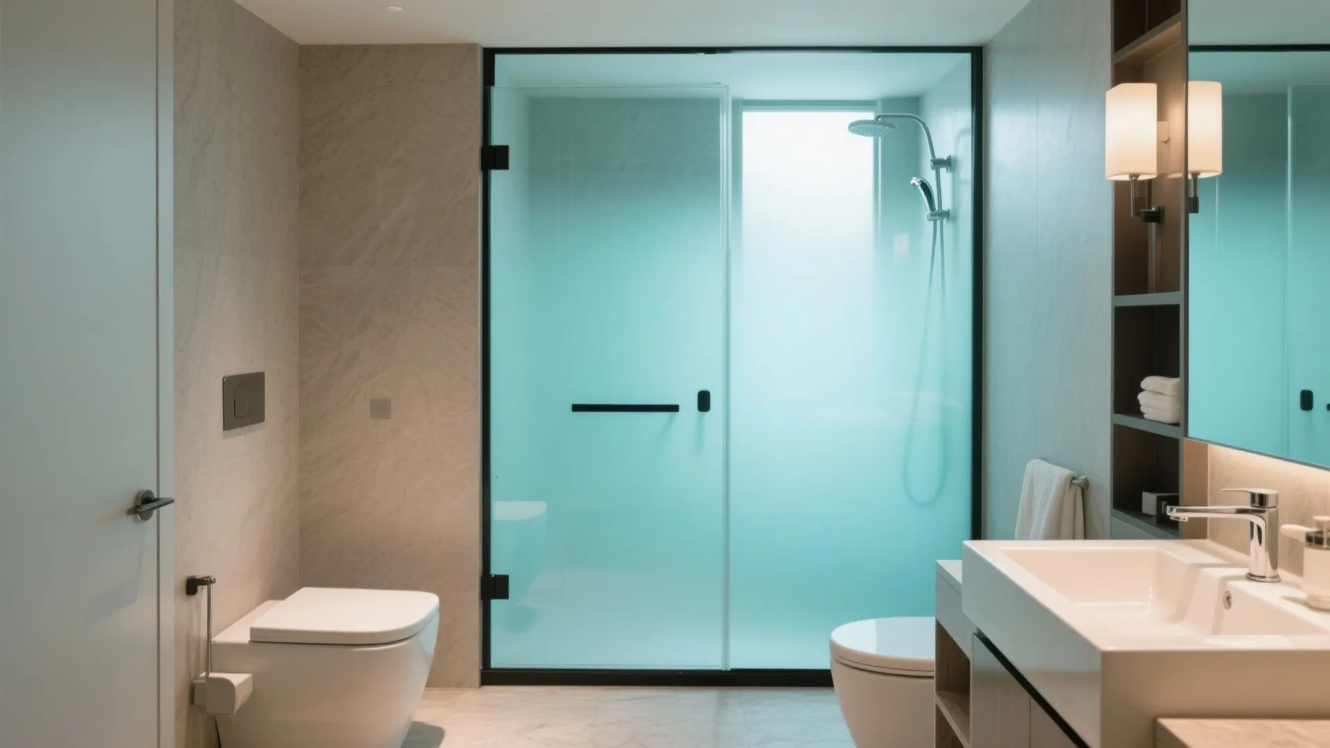 Modern bathroom including a frosted glass shower door with white sink plus toilet and wall light