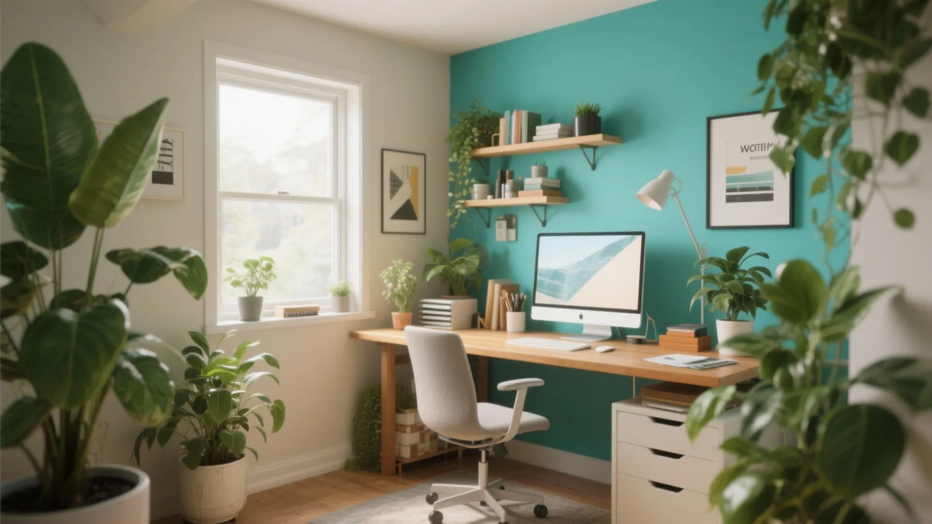 Bright home office with turquoise wall wooden desk white chair many green plants and natural light