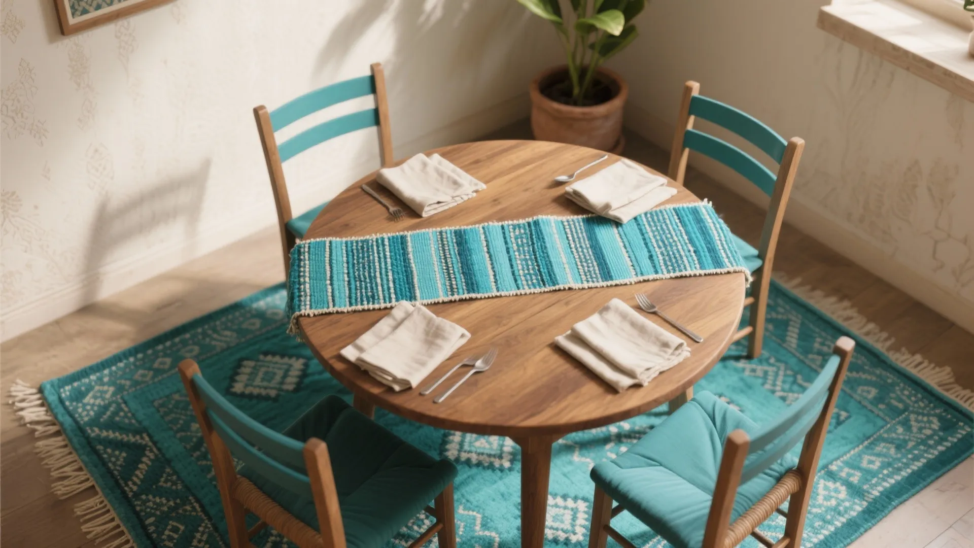 Round wooden dining table with teal chairs patterned rug table runner and white napkins set up