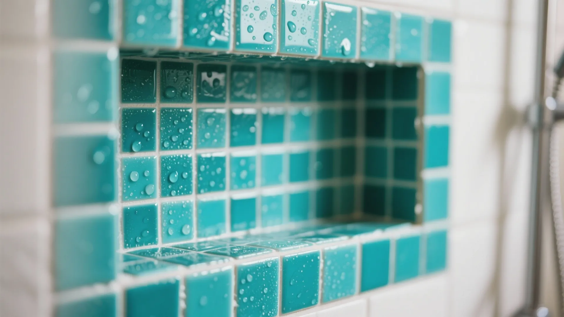 Close up of turquoise small square wall tiles with water drops in a bathroom shower