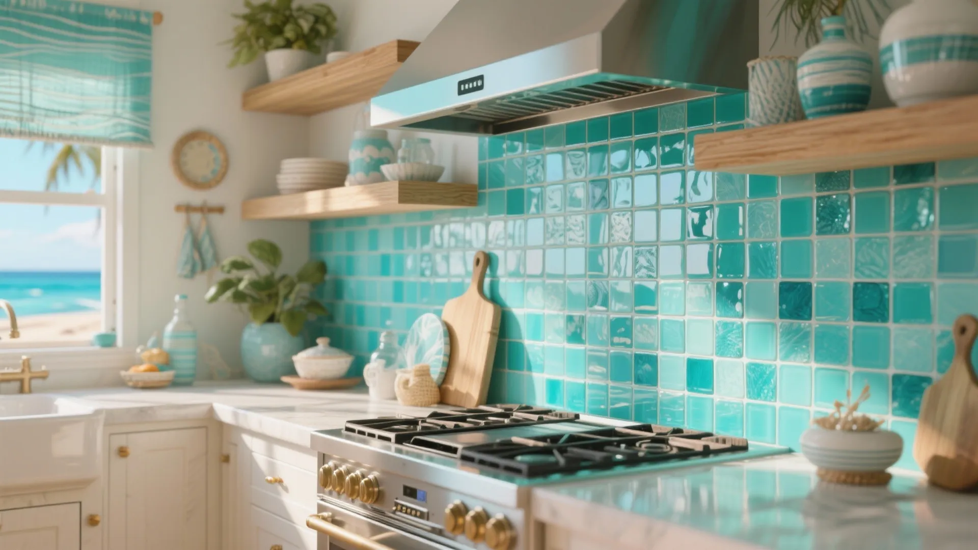 Bright kitchen featuring turquoise mosaic wall tiles, wooden shelves, gas stove, and scenic beach window