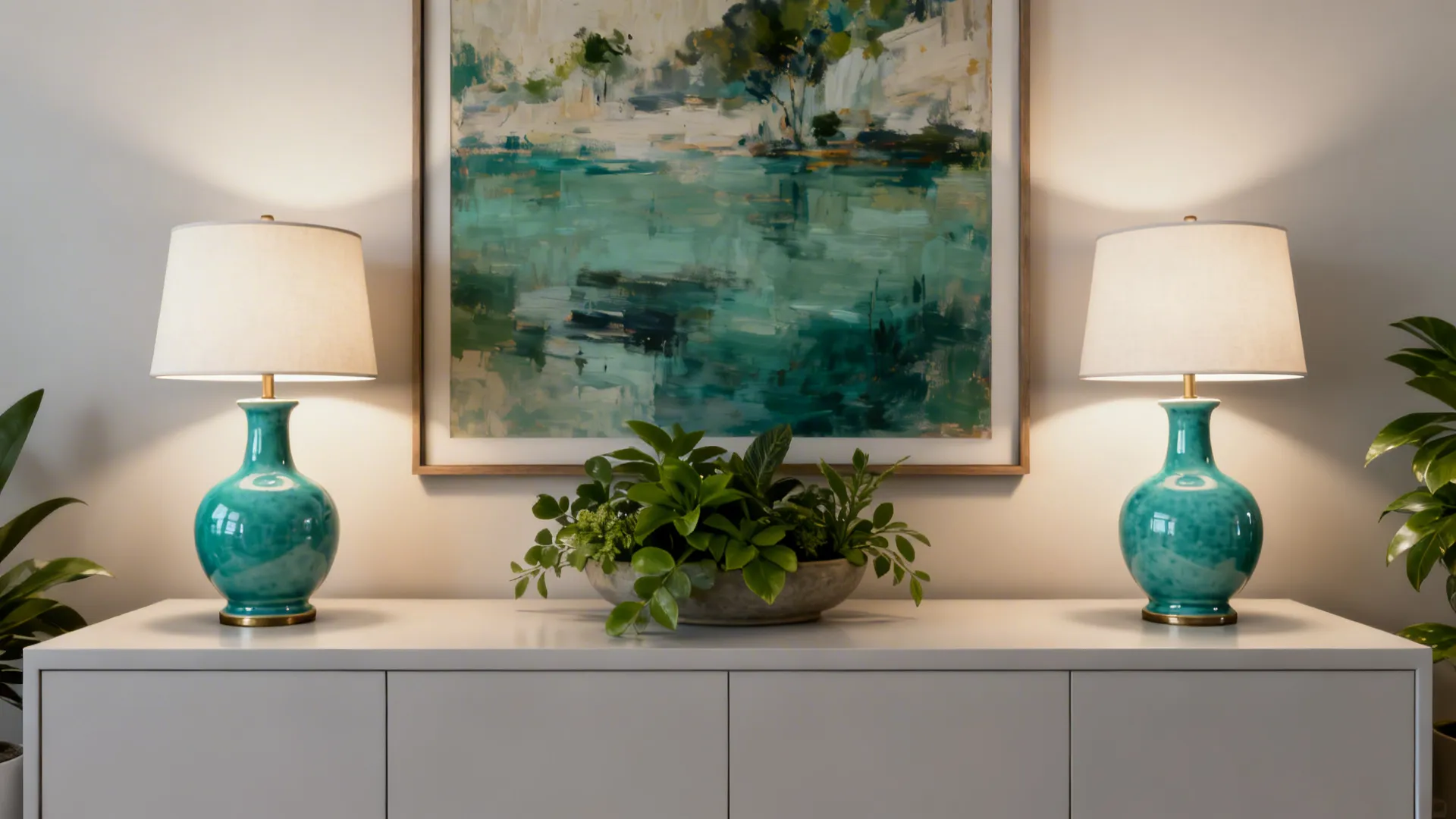 Two matching turquoise lamps flanking art and plants on a media console for symmetrical styling.